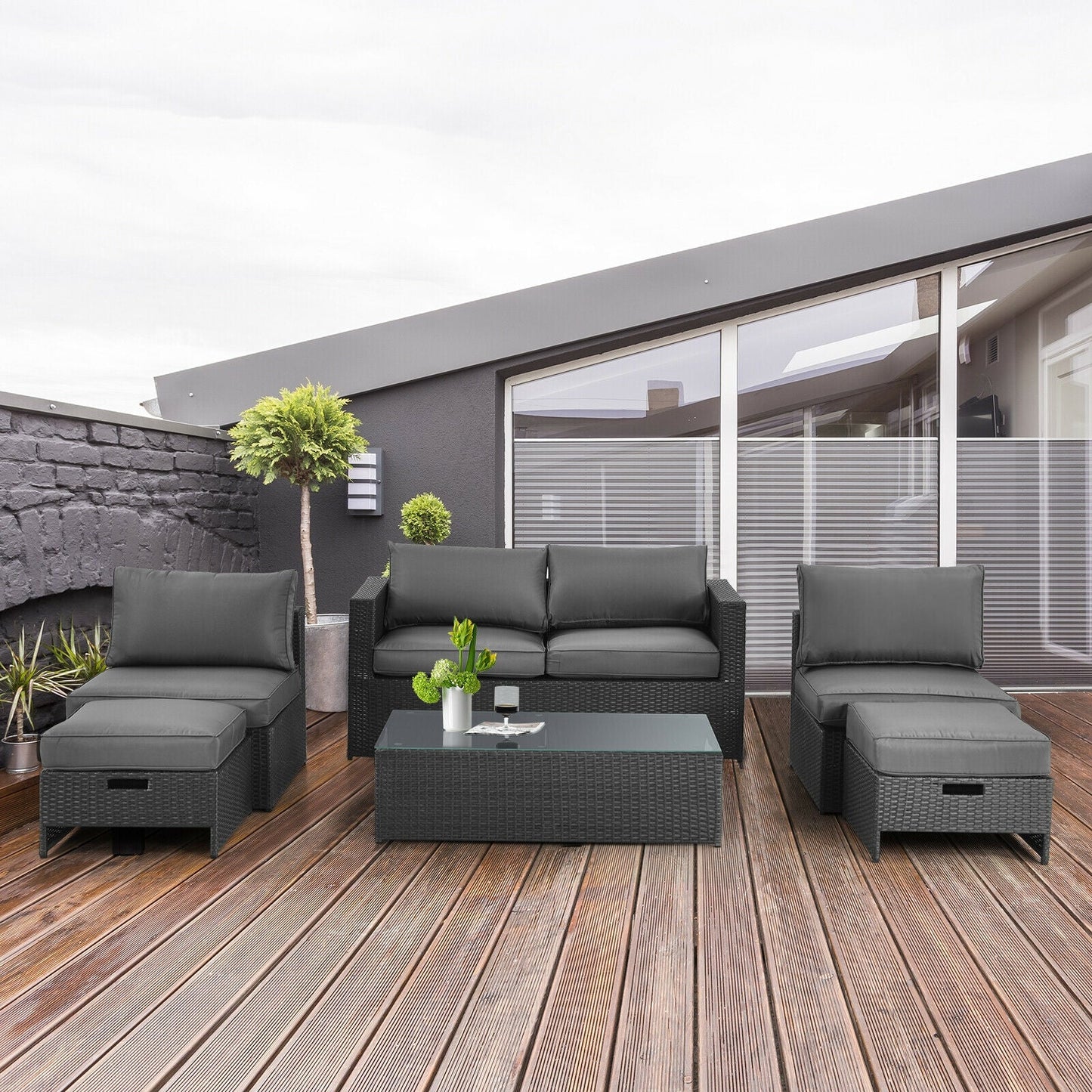 Costway 6-Piece Patio Rattan Sofa Furniture Set Glass Table Cushioned Gray 24567109 New
