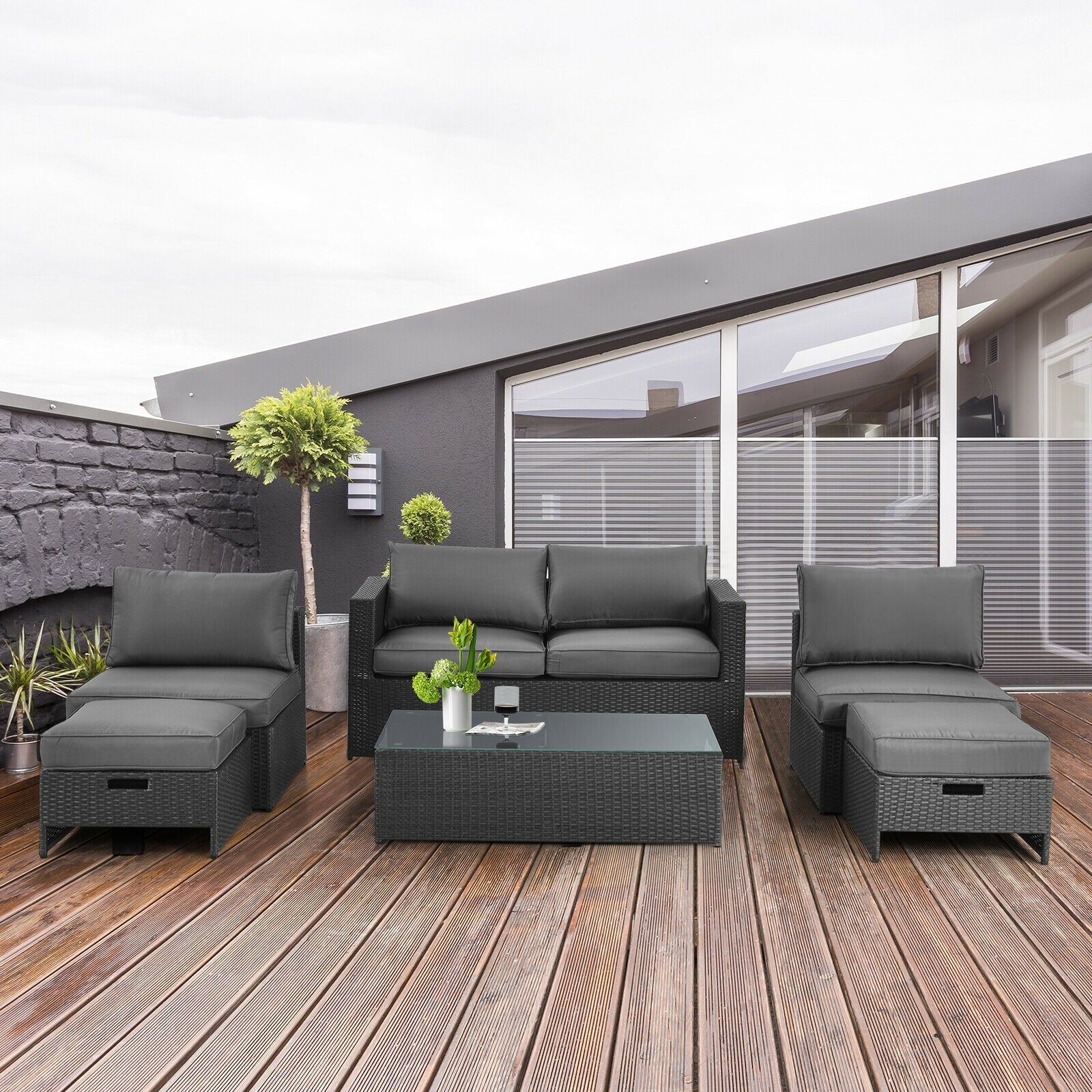 Costway 6-Piece Patio Rattan Sofa Furniture Set Glass Table Cushioned Gray 24567109 New
