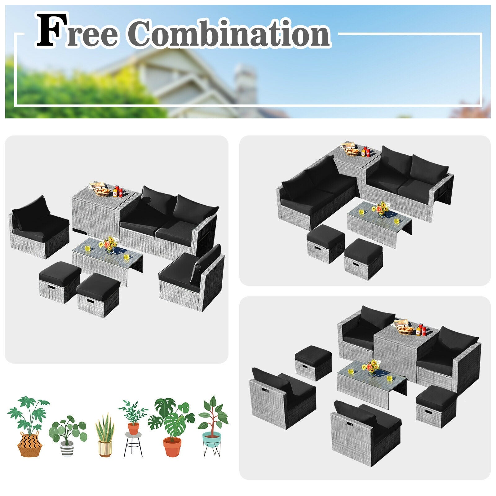 Costway 8-Piece Patio Rattan Sofa Furniture Set w/ Storage Cover Cushions 21549738 New