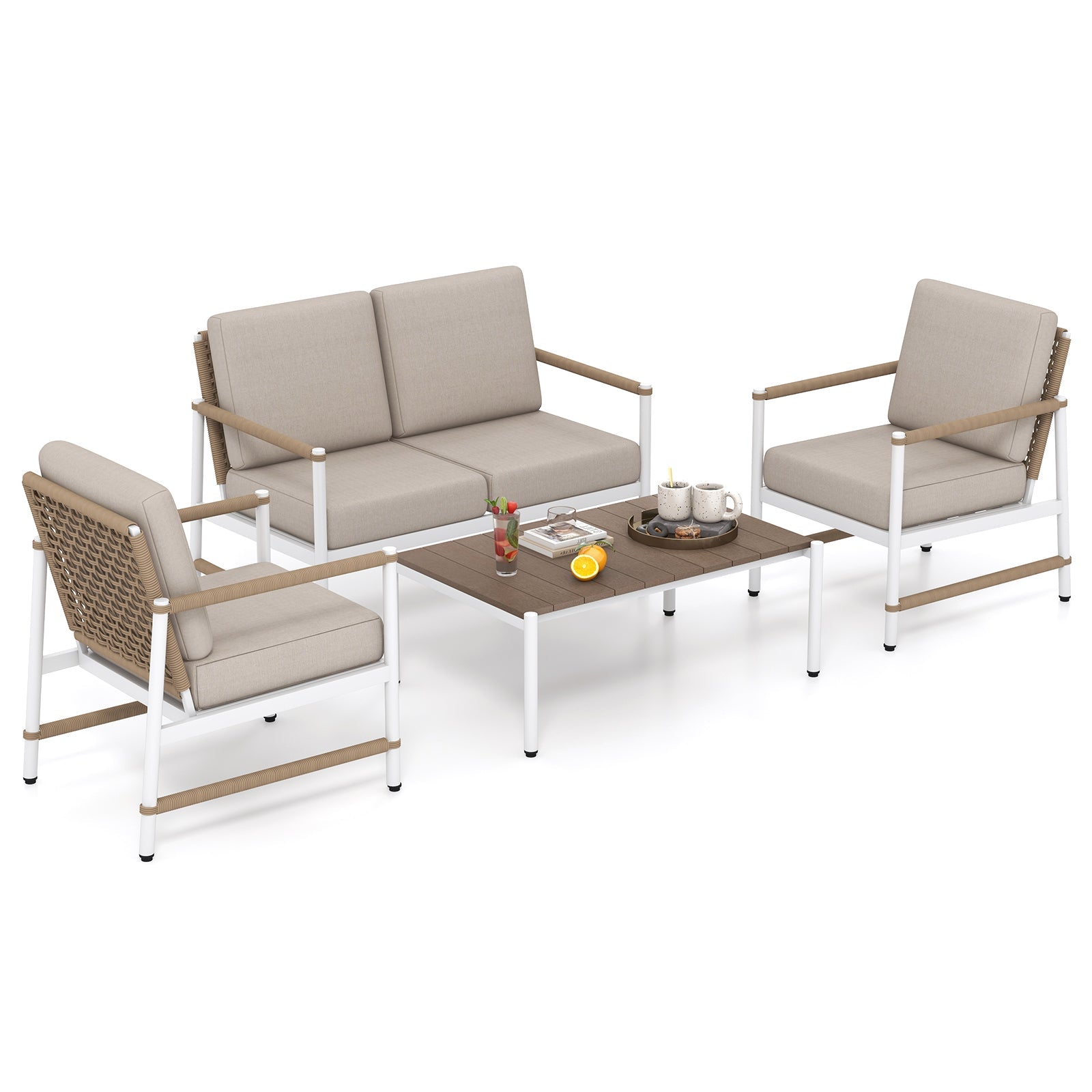 Costway 4-Pc Patio Furniture Set w/ Thick Cushions & Coffee Table Gray 517426938 New