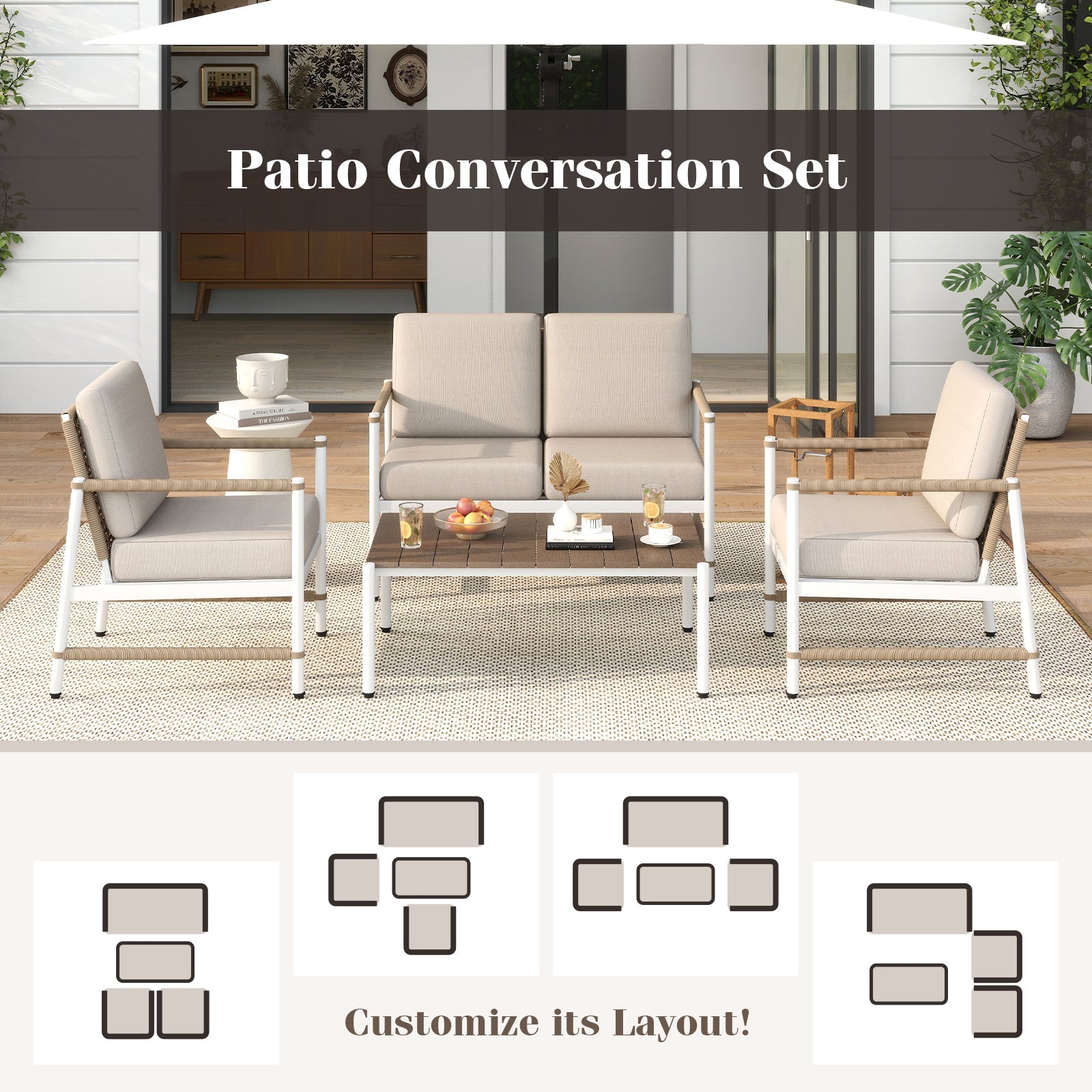 Costway 4-Pc Patio Furniture Set w/ Thick Cushions & Coffee Table Gray 517426938 New