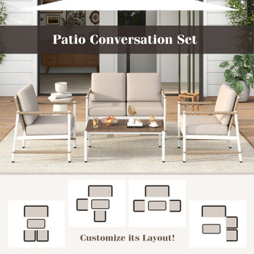 Costway 4-Pc Patio Furniture Set w/ Thick Cushions & Coffee Table Gray 517426938 New