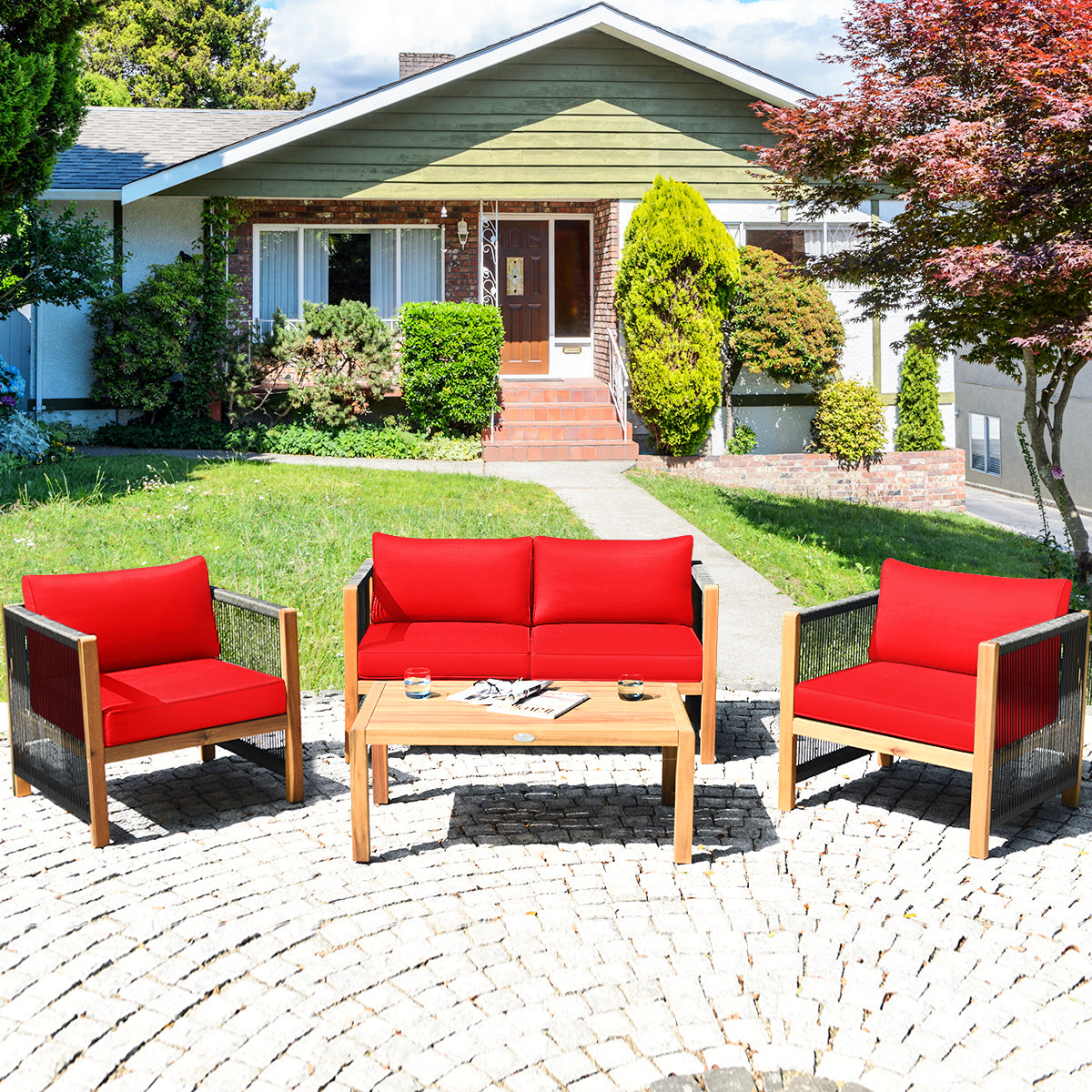 Costway 4-Pc Wood Outdoor Patio Furniture Set with Cushions Garden 927348156 New