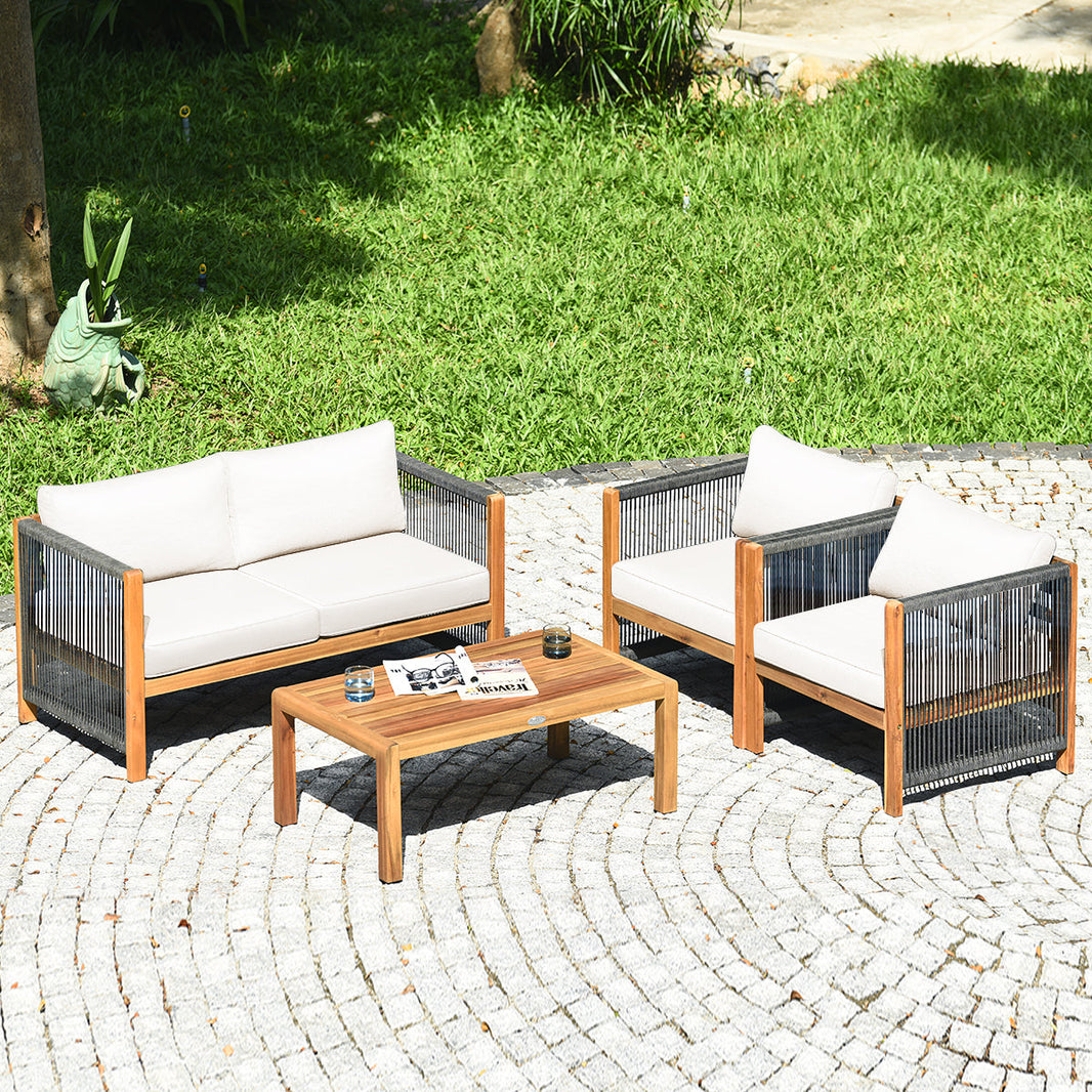 Costway 4-Pc Wood Outdoor Patio Furniture Set with Cushions Garden 927348156 New