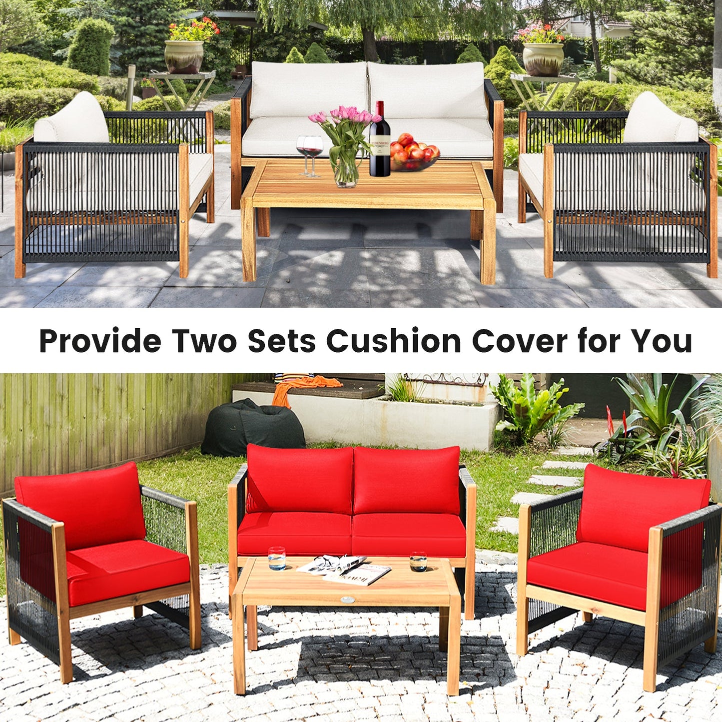 Costway 4-Pc Wood Outdoor Patio Furniture Set with Cushions Garden 927348156 New
