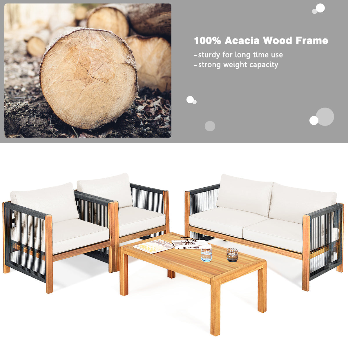 Costway 4-Pc Wood Outdoor Patio Furniture Set with Cushions Garden 927348156 New