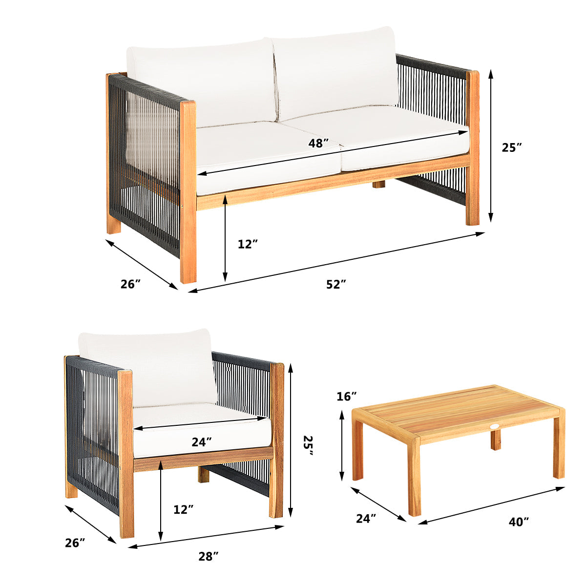 Costway 4-Pc Wood Outdoor Patio Furniture Set with Cushions Garden 927348156 New