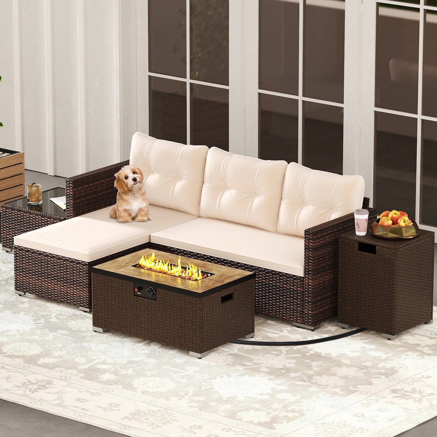 Costway 4-Pc Outdoor Patio Furniture Set w/ 32" Fire Pit Table & Propane Tank Cover 895674321 New