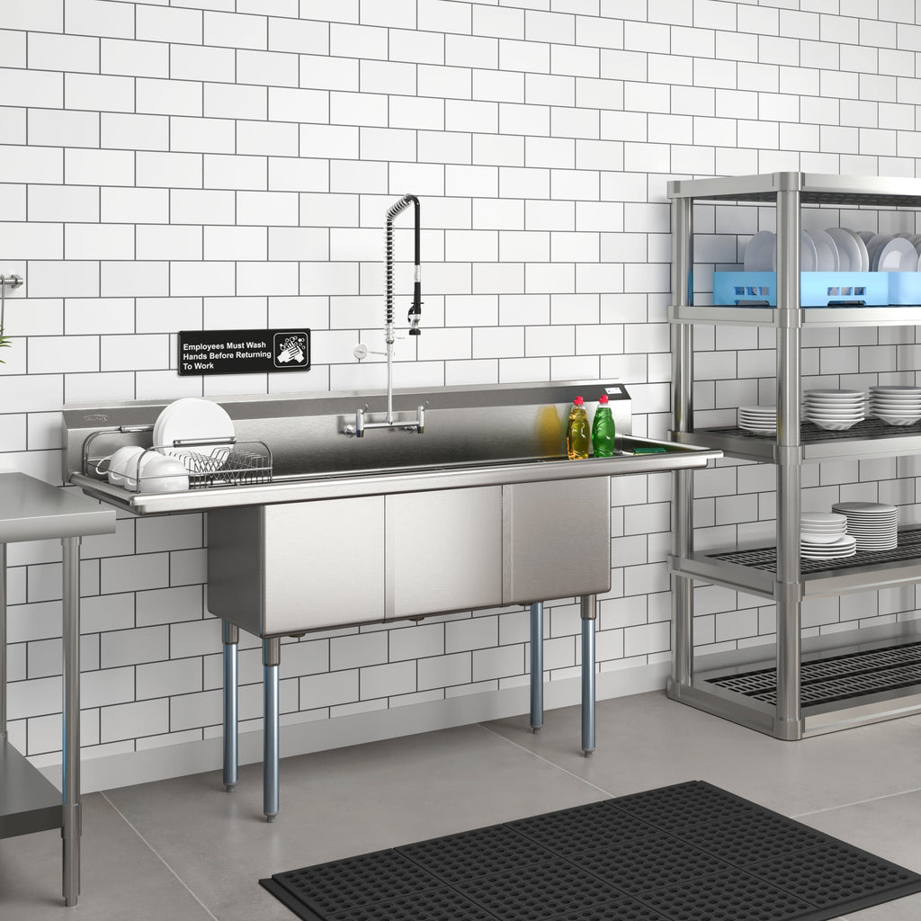 75 in Three Compartment Commercial Sink, Bowl Size 15x15x14, 18 Gauge Stainless-Steel with 2 Drainboards