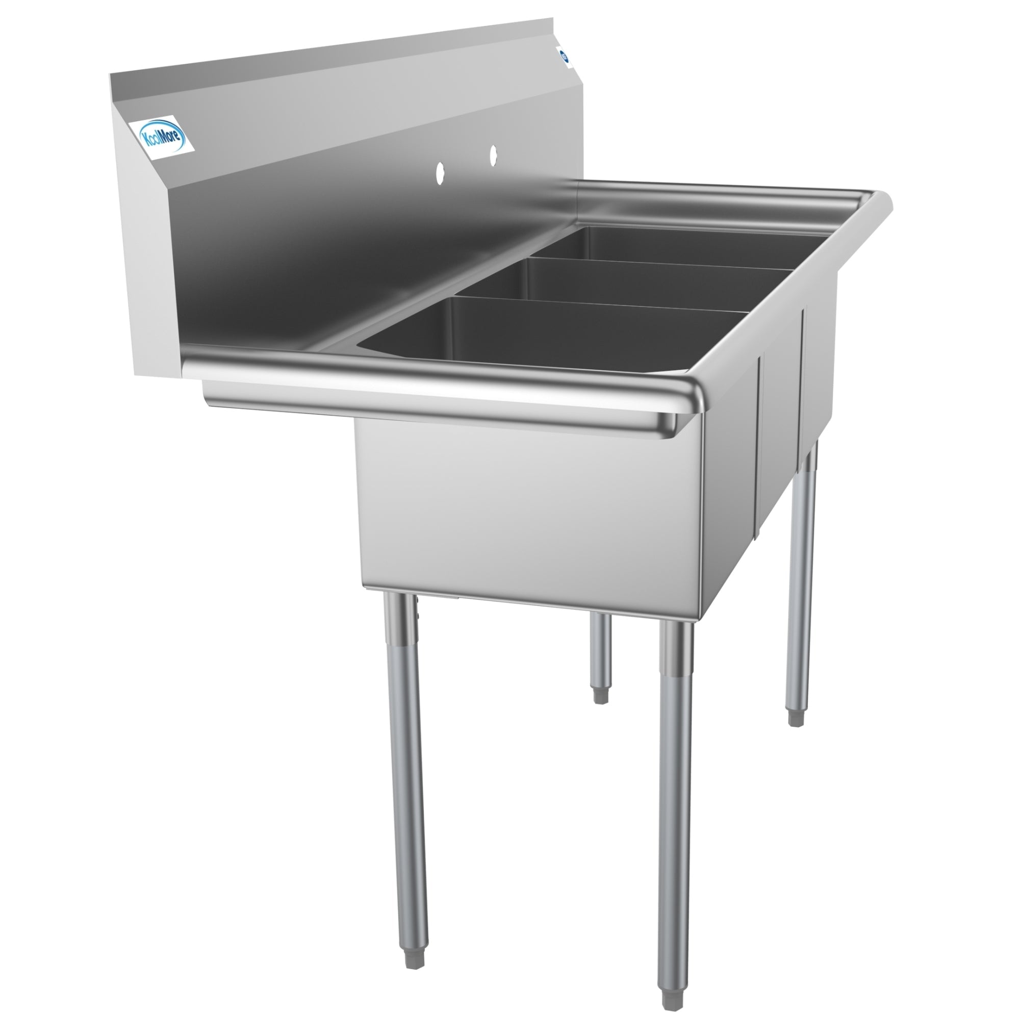 51 in. Three Compartment Stainless Steel Commercial Sink with Drainboard, Bowl Size 12"x 16"x 10"