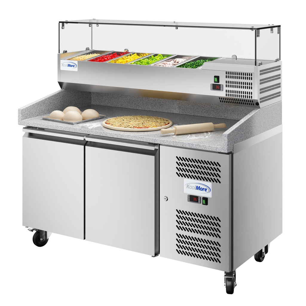 59 in. Commercial Refrigerated Granite Top Pizza Prep Station with Stainless Steel Refrigerated Condiment Pan Holder