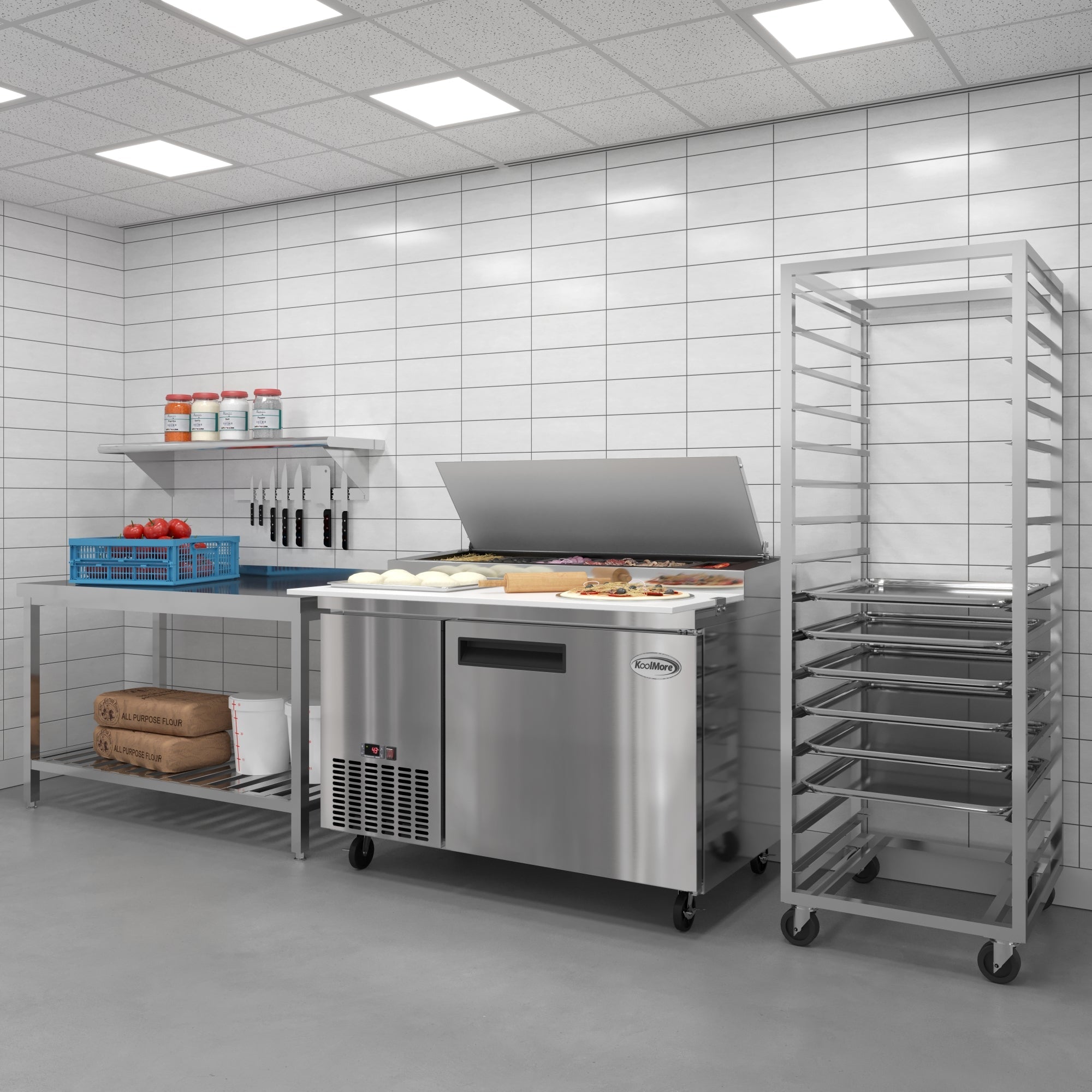 50 in. One Door Commercial Pizza Prep Refrigerator in Stainless-Steel