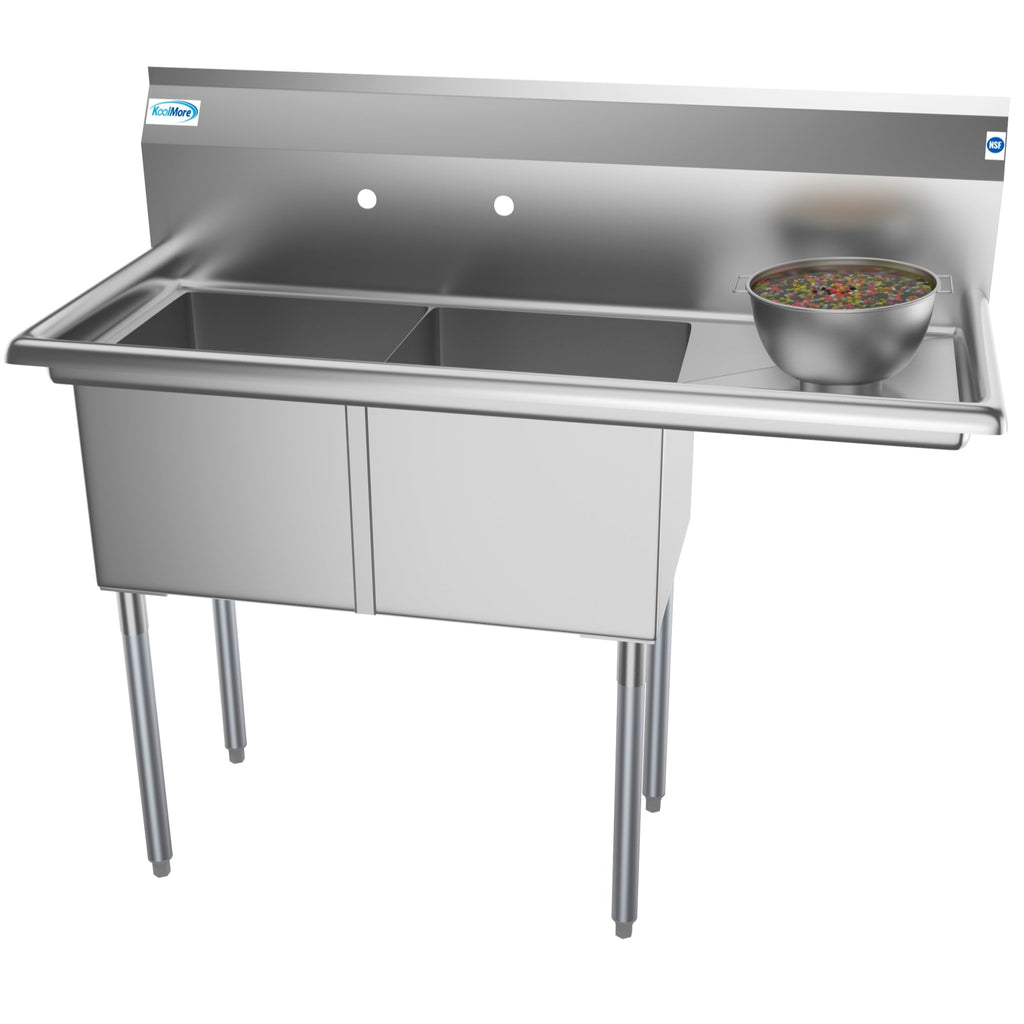 48 in. Two Compartment Stainless Steel Commercial Sink with Drainboard, Bowl Size 15"x 15"x 12"