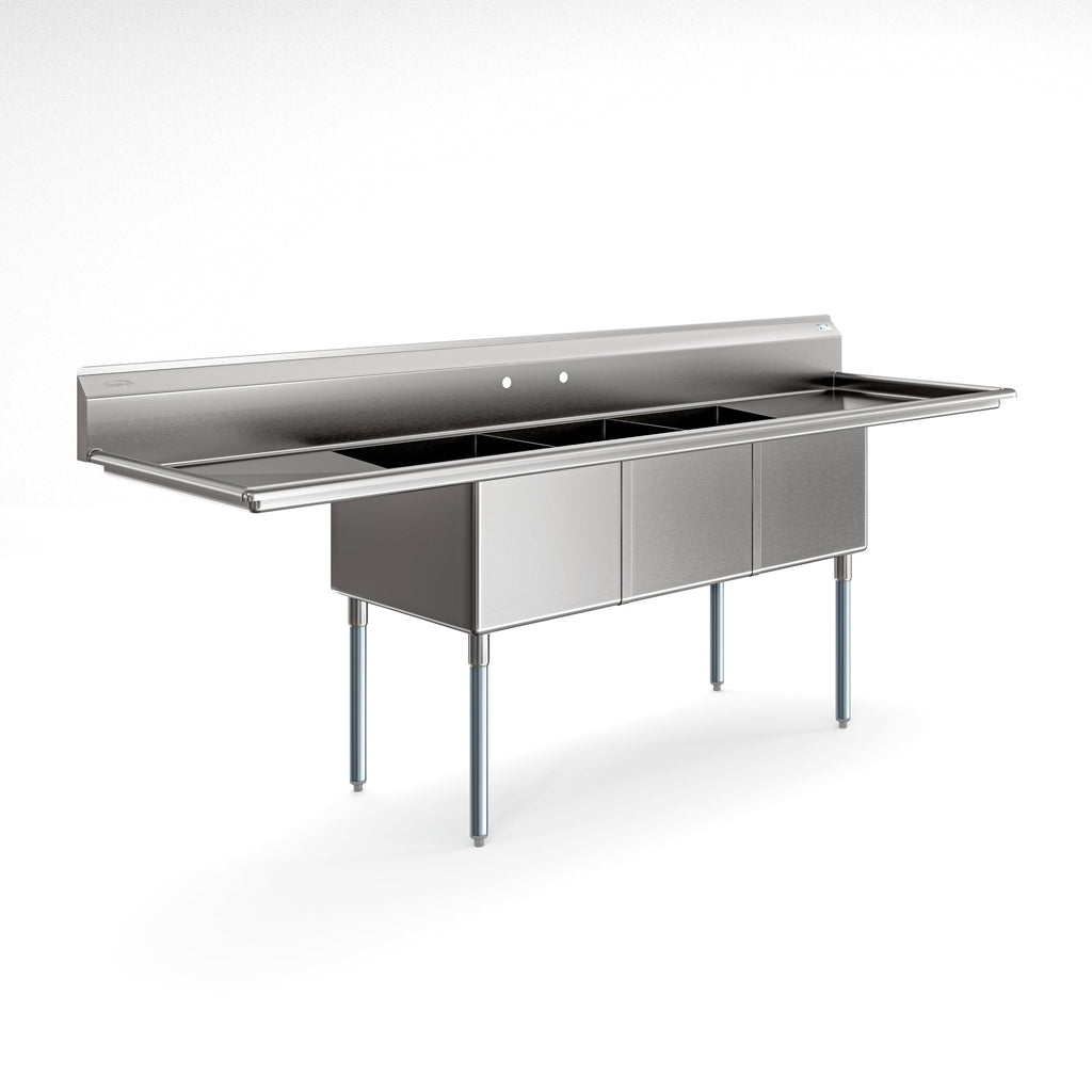 102 in. Three Compartment Commercial Sink Bowl Size 18x24x14 Stainless-Steel 18 Gauge with Two Drainboards
