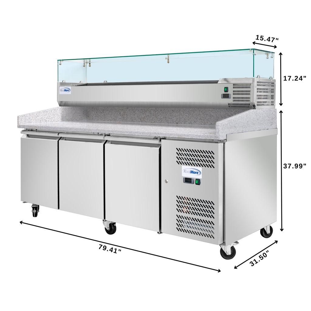 79 in. Three-Door Commercial Refrigerated Granite Top Pizza Prep Station With a Refrigerated Stainless-Steel Condiment Pan Holder