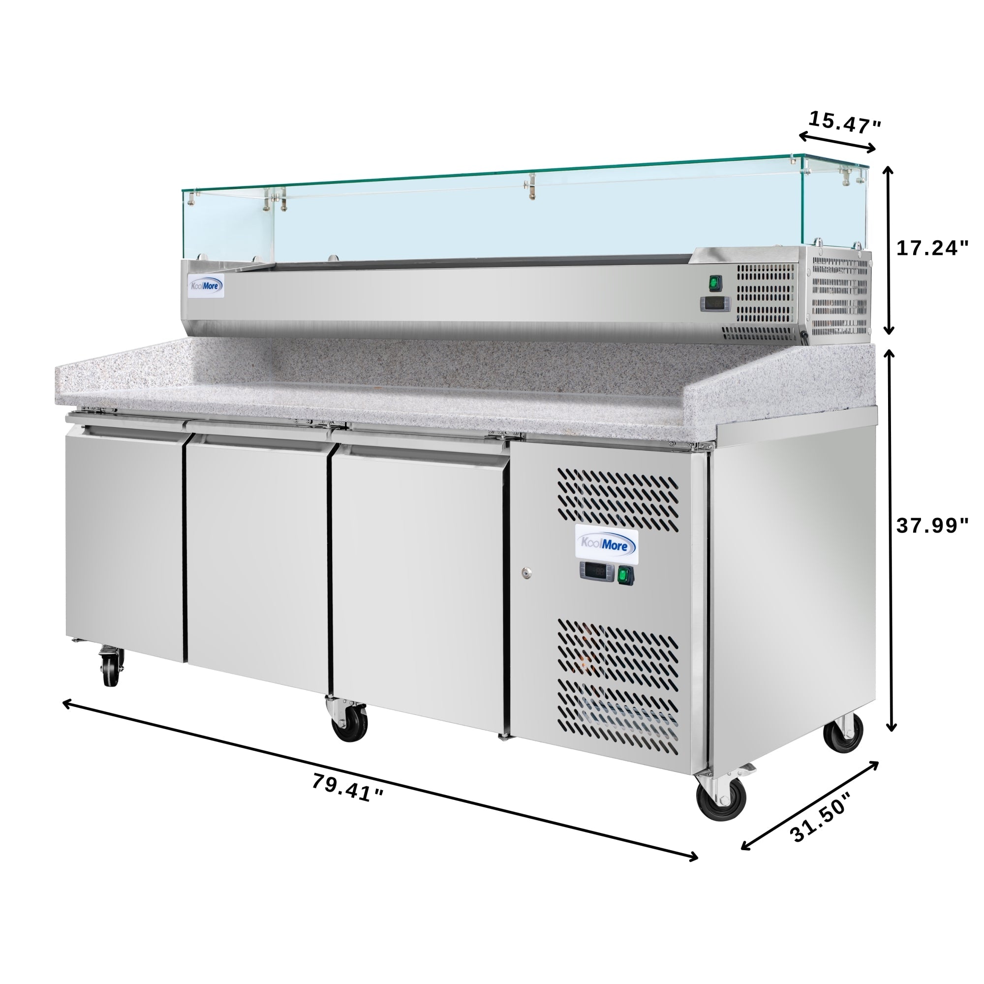 79 in. Three-Door Commercial Refrigerated Granite Top Pizza Prep Station With a Refrigerated Stainless-Steel Condiment Pan Holder