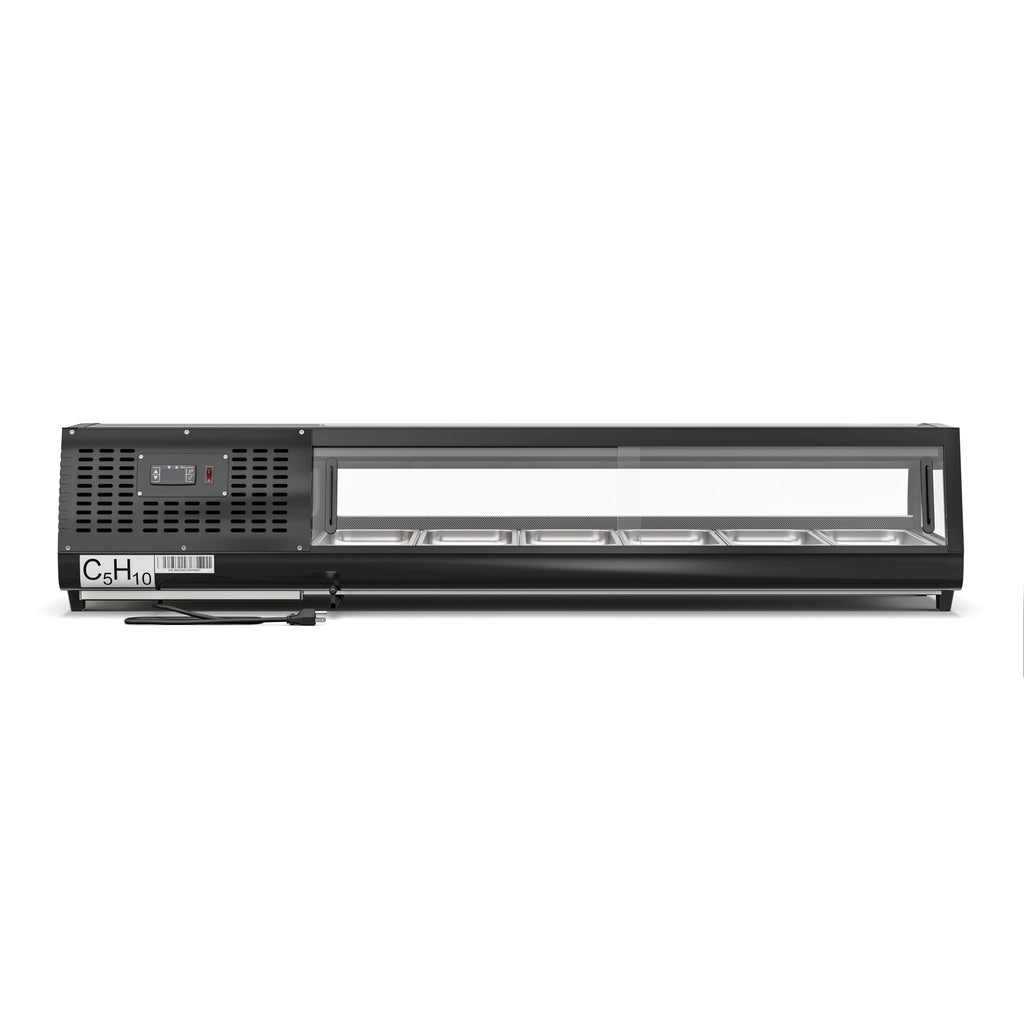 60 in. Glass Sushi Countertop Display Refrigerator with 6 Stainless Steel Trays in Black