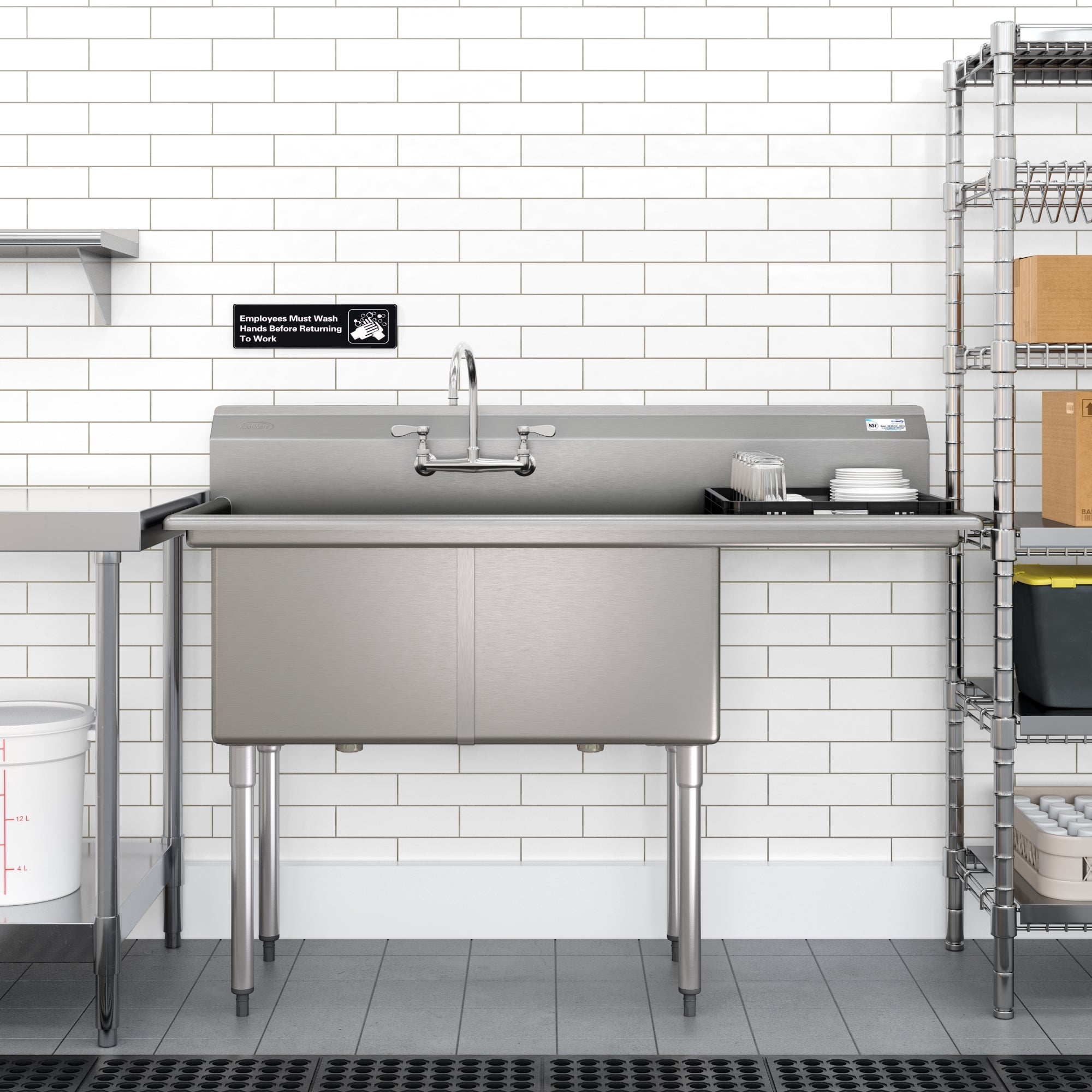 57 in. 16-Gauge 2-Compartment Commercial Sink with 18 in. Right drainboard, Bowl Dimensions 18"x18"x14" in Stainless-Steel