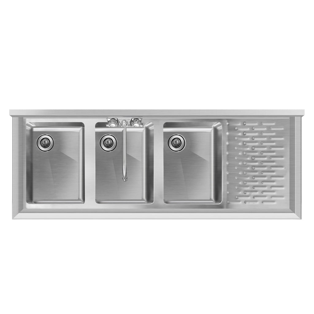 48 in. Three-Compartment Commercial Under-Bar Sink with 3 in. Backsplash, Right Drainboard and Low Lead Faucet, NSF Certified in Stainless Steel