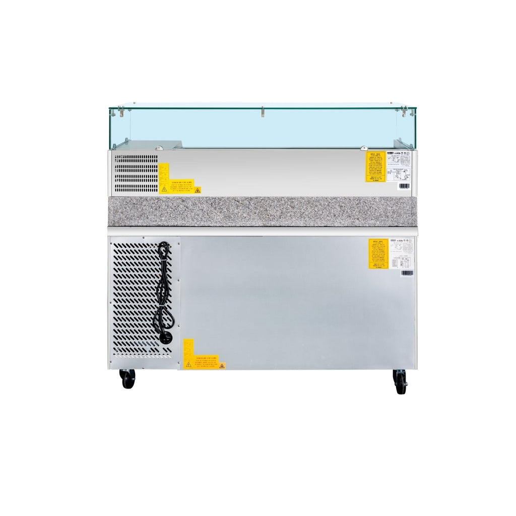 59 in. Commercial Refrigerated Granite Top Pizza Prep Station with Stainless Steel Refrigerated Condiment Pan Holder