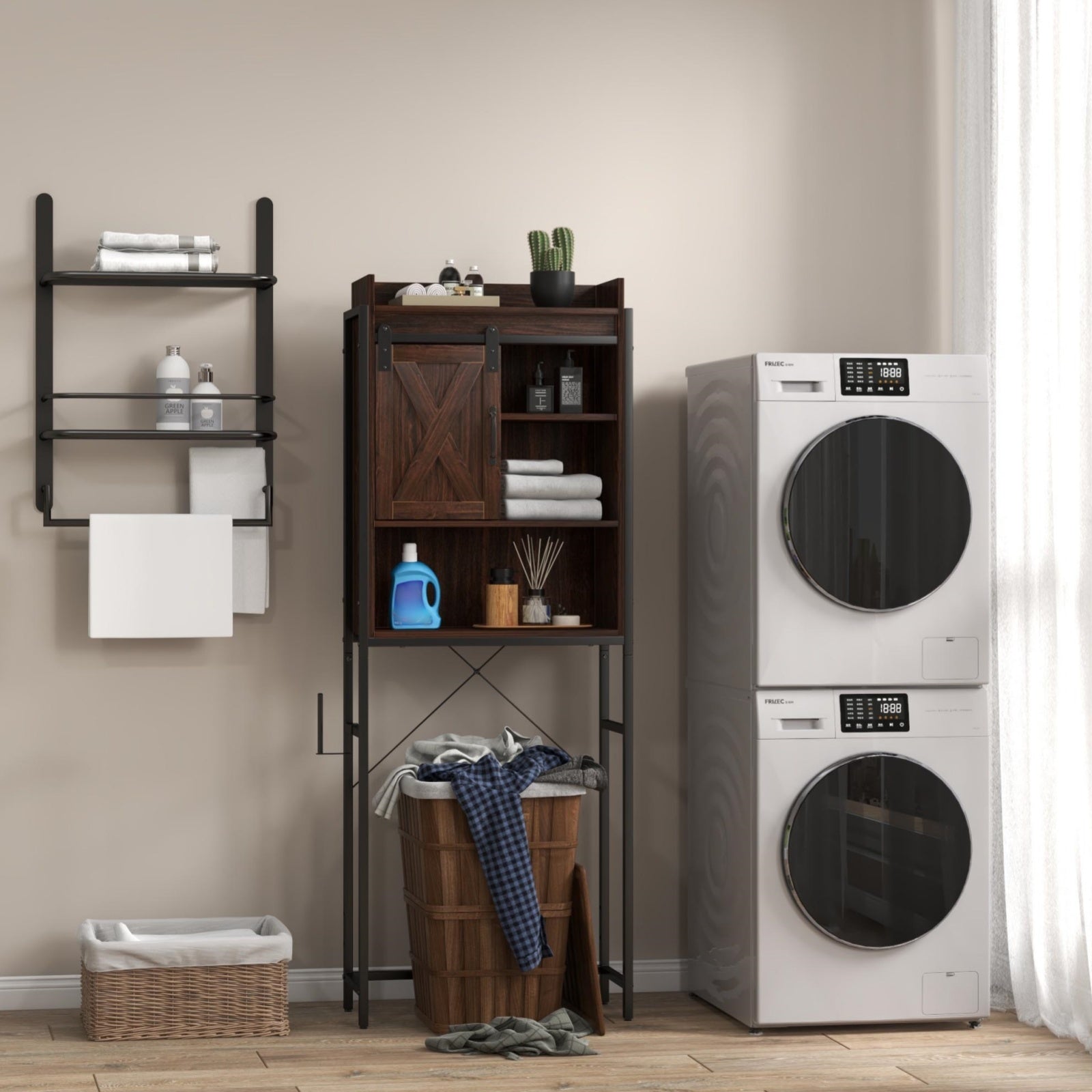 Costway Laundry Room Bundle Wooden Cabinet Wall-Mounted Storage Clothes Dryer Basket 13178792 New