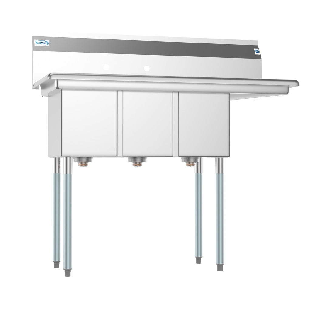 45 in. Three Compartment Stainless Steel Commercial Sink with Drainboard, Bowl Size 10"x 14"x 10"