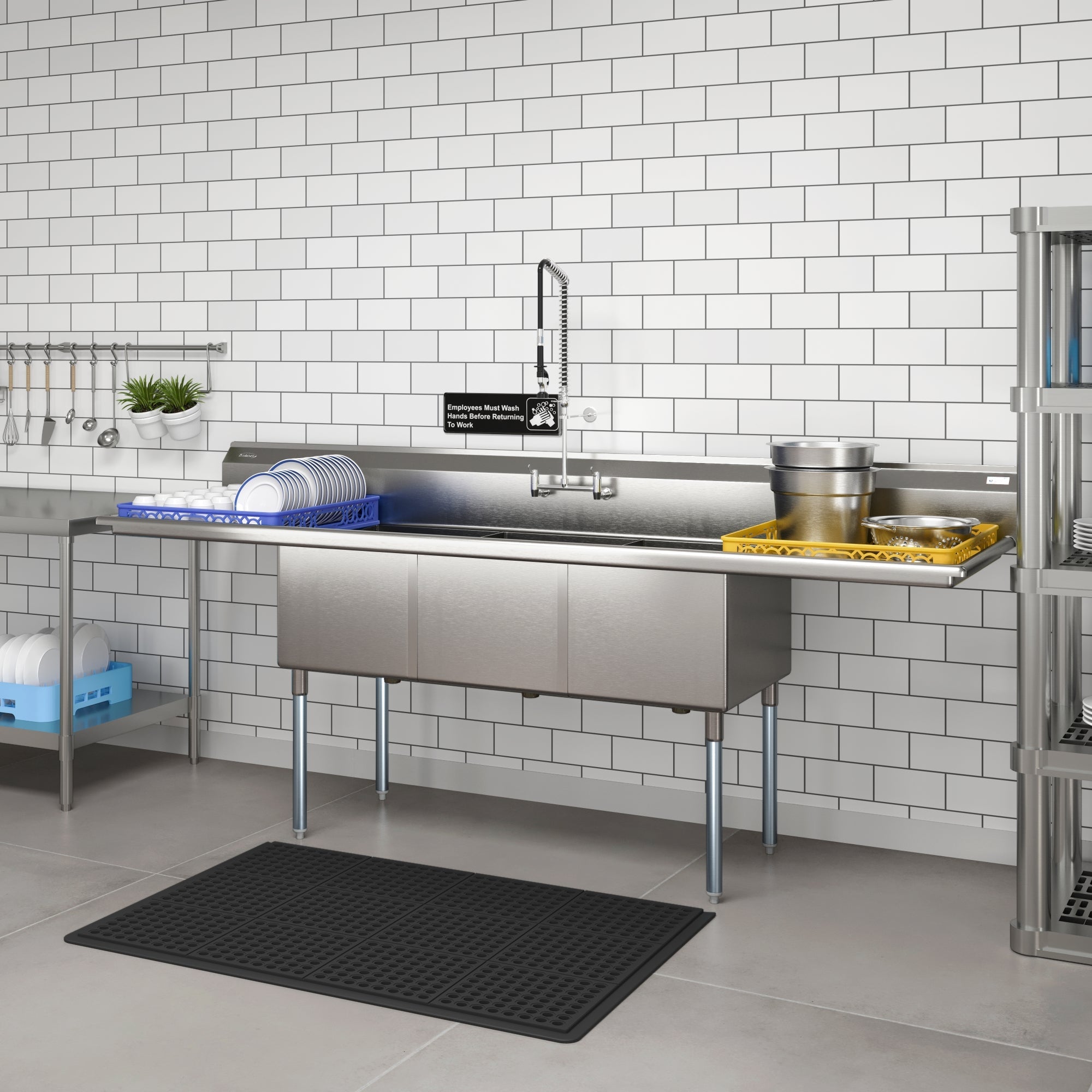 102 in. Three Compartment Commercial Sink Bowl Size 18x24x14 Stainless-Steel 18 Gauge with Two Drainboards