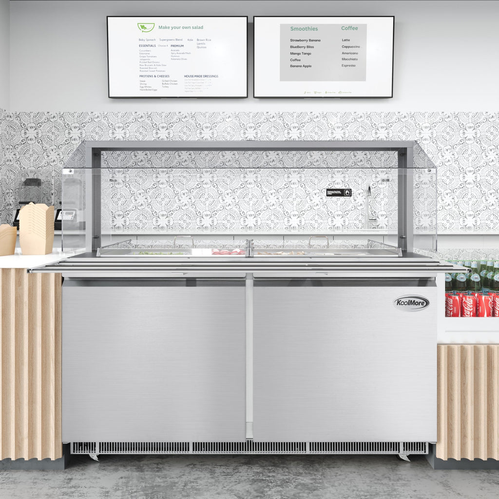 60 in. Commercial Refrigerated Prep Station with Sneeze Guard and Buffet Slide, 12-Pan (Not Included) Capacity with Covers and Two Adjustable Shelves in Stainless-Steel, ETL Listed