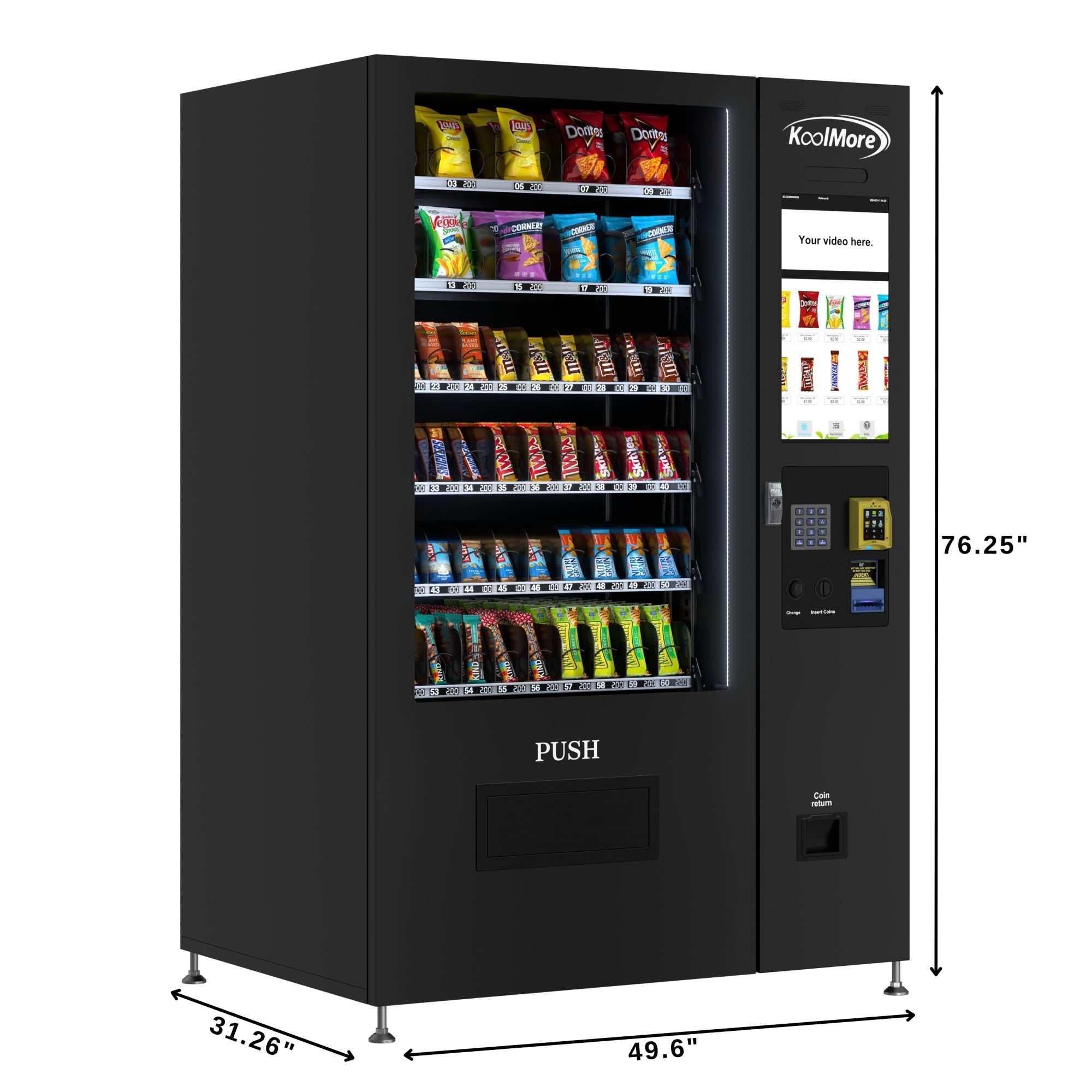 50 in. 60-Slot Snack Vending Machine with 22-inch Touch Screen, Credit Card Reader, Bill and Coin Acceptor in Black, Non-Refrigerated