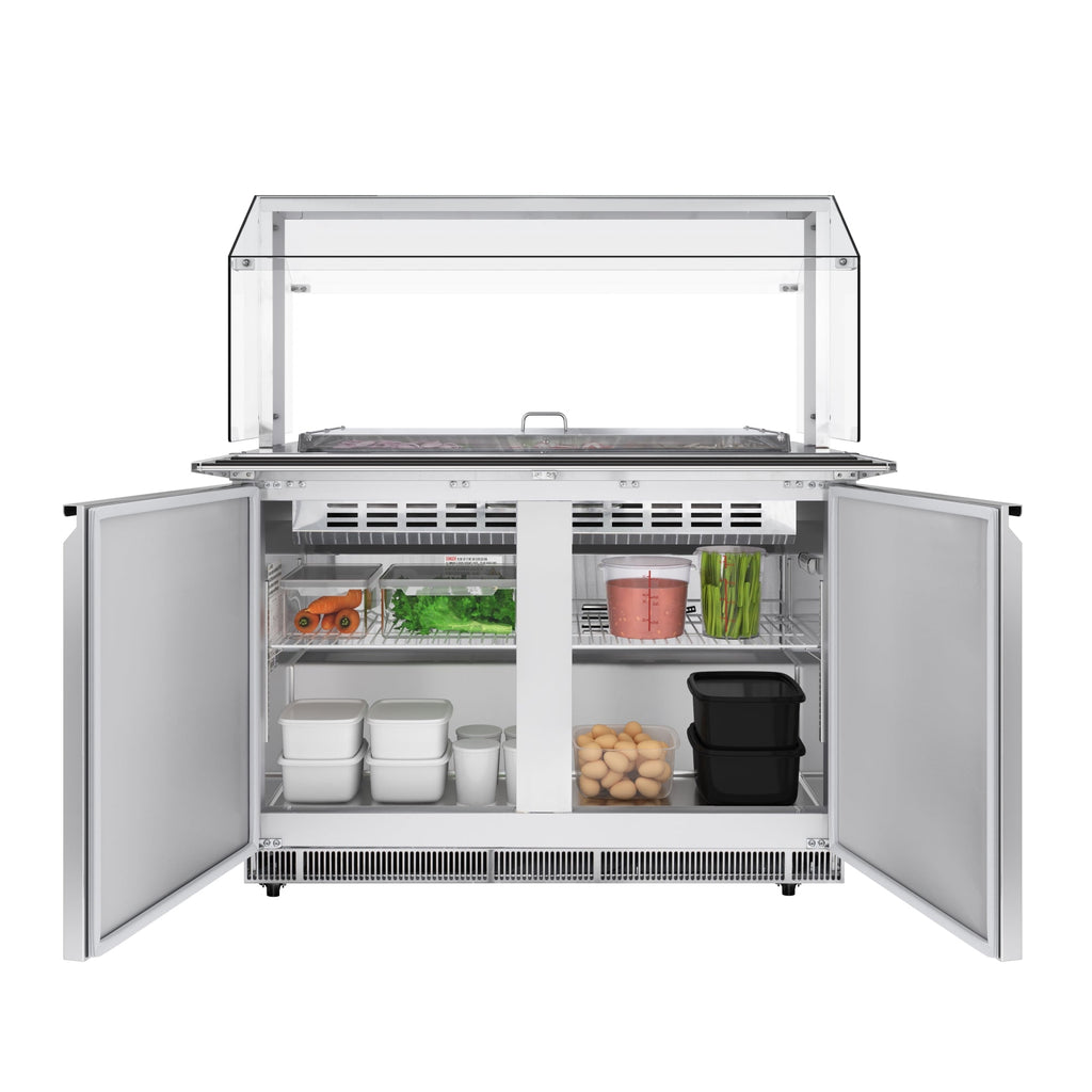 48 in. Commercial Refrigerated Prep Station with Sneeze Guard and Buffet Slide, 9-Pan Capacity (Not Included) with Covers and Two Adjustable Shelves in Stainless-Steel, ETL Listed