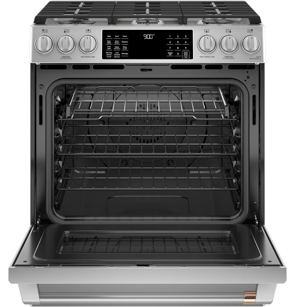 CAFÉ™ 30" Smart Slide-In, Front-Control, Dual-Fuel Range with Warming Drawer