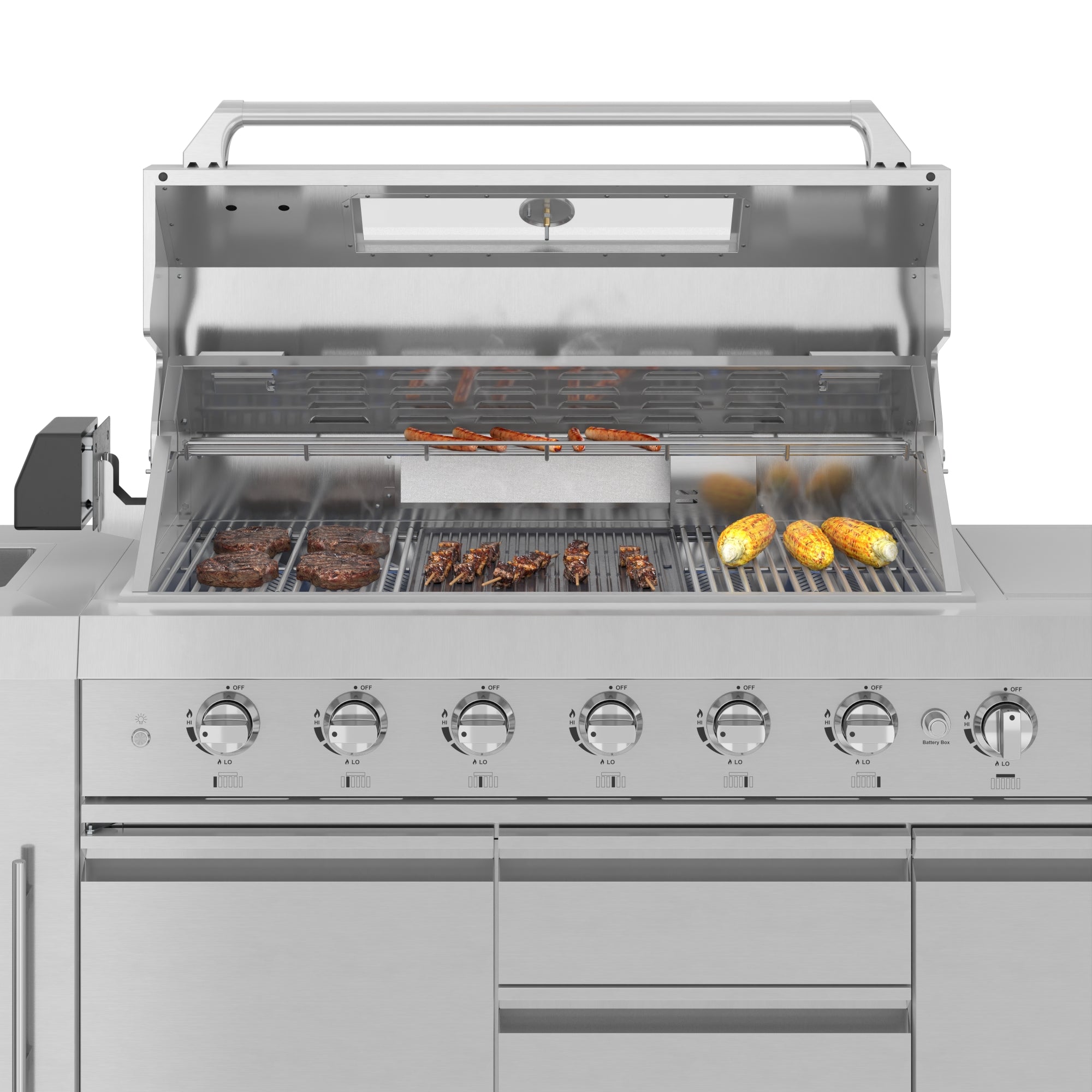 KoolMore Reserve Outdoor Kitchen Island with 6 Burner Grill and Side Burner, Sink, Storage Cabinet and Beverage Refrigerator in Stainless-Steel (KM-OKS-BQHUB)