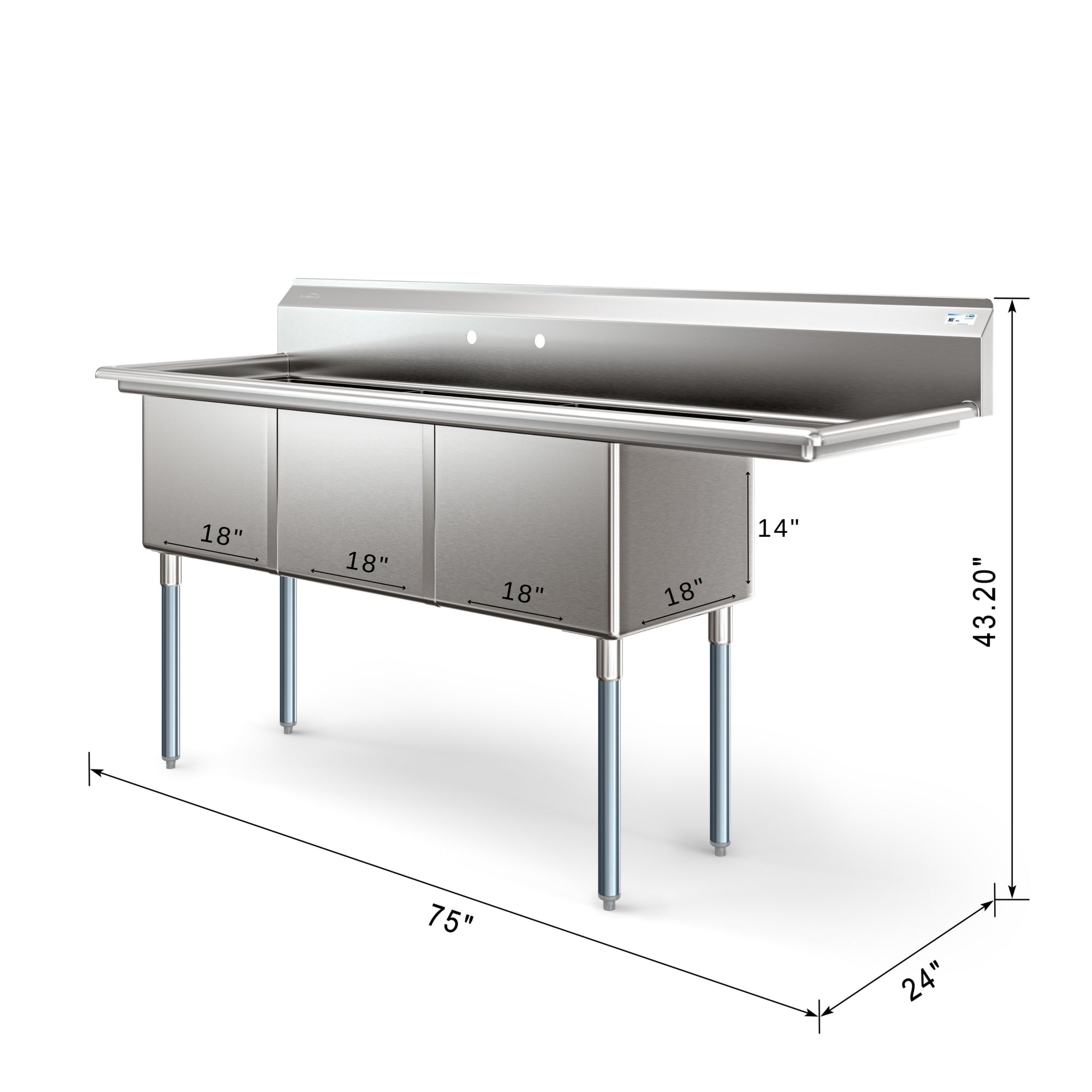 75 in. Three Compartment Commercial Sink Bowl Size 18x18x14 Stainless-Steel 18 Gauge with Right Drainboard
