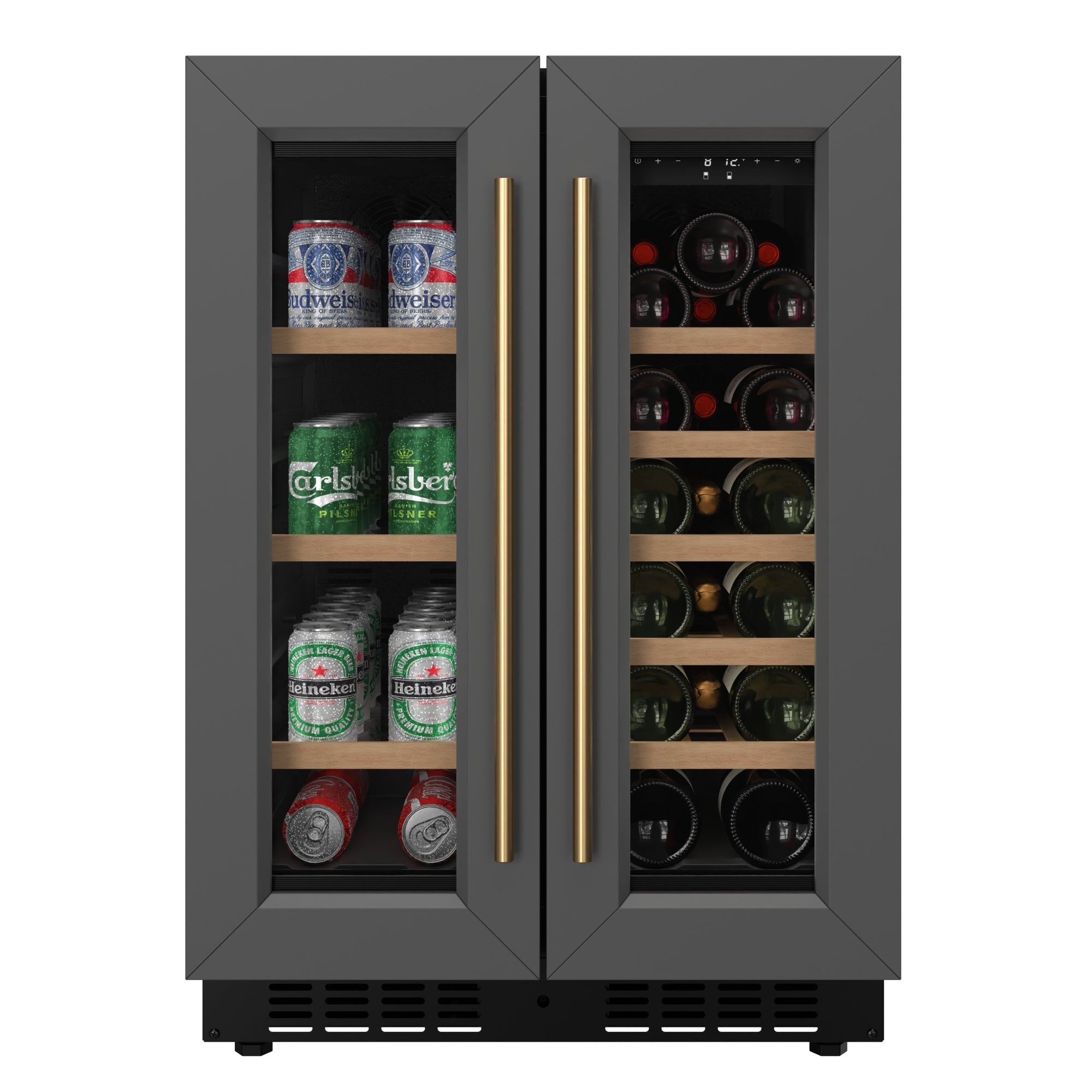 KoolMore Reserve 24 in. French Door Dual Zone Panel Ready Under-Counter Cooler with Wooden Shelves and 20 Bottle Capacity in the Right Zone and 2.1 Cu. Ft. on the Left in Black