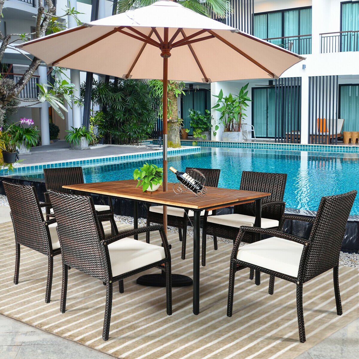 Costway 7-Pc Patio Rattan Cushioned Dining Set w/ Umbrella Hole 39746208 New