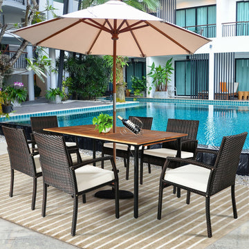 Costway 7-Pc Patio Rattan Cushioned Dining Set w/ Umbrella Hole 39746208 New
