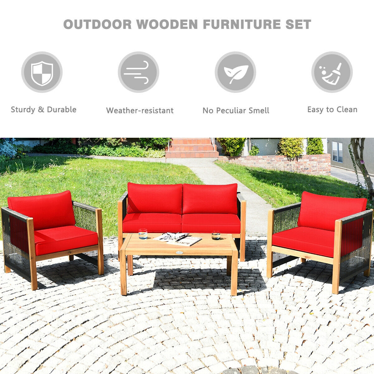 Costway 4-Piece Acacia Wood Outdoor Patio Sofa Set with Cushions 27630584 New