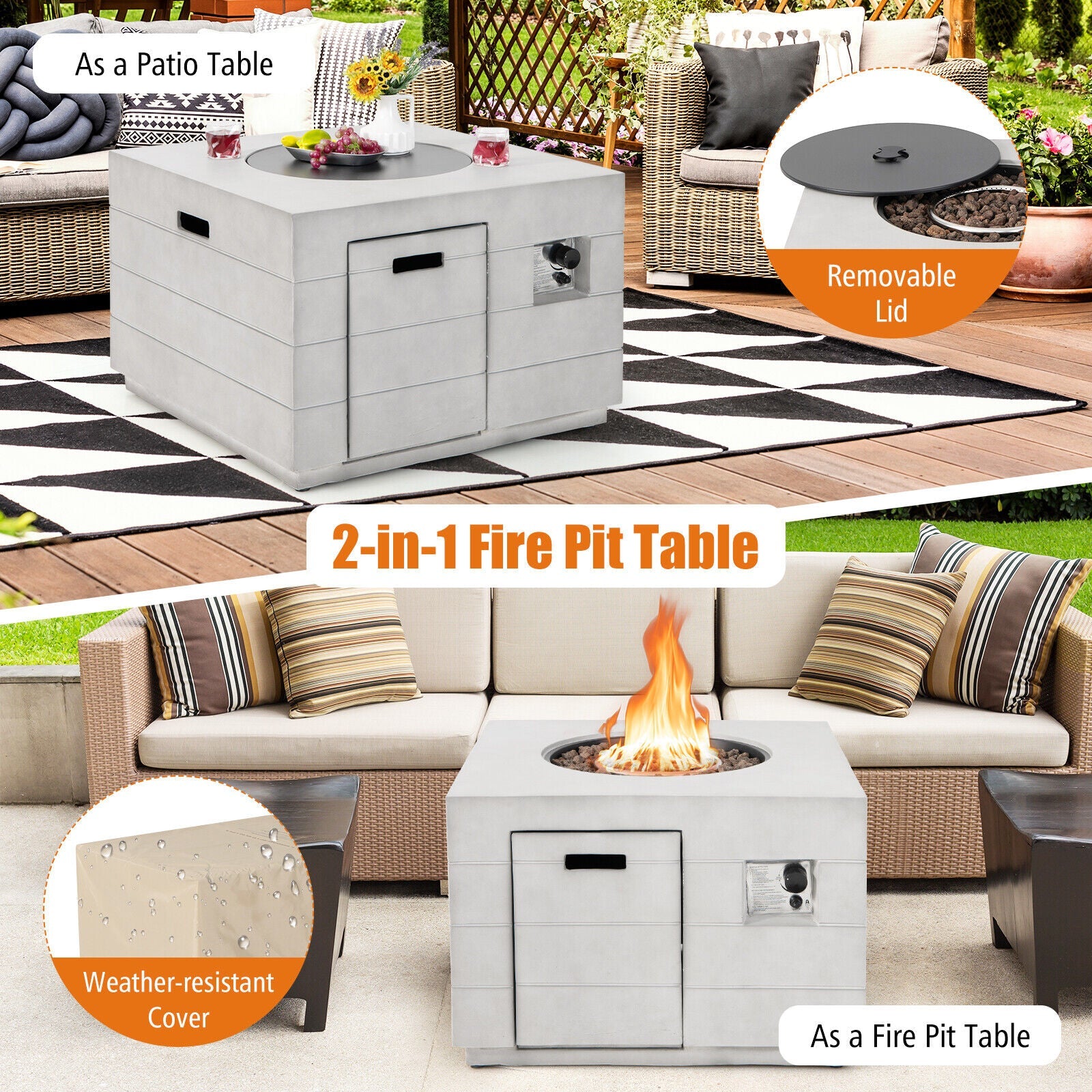 Costway 34" Square Concrete Propane Fire Pit Table 50,000 BTU 59136078 New