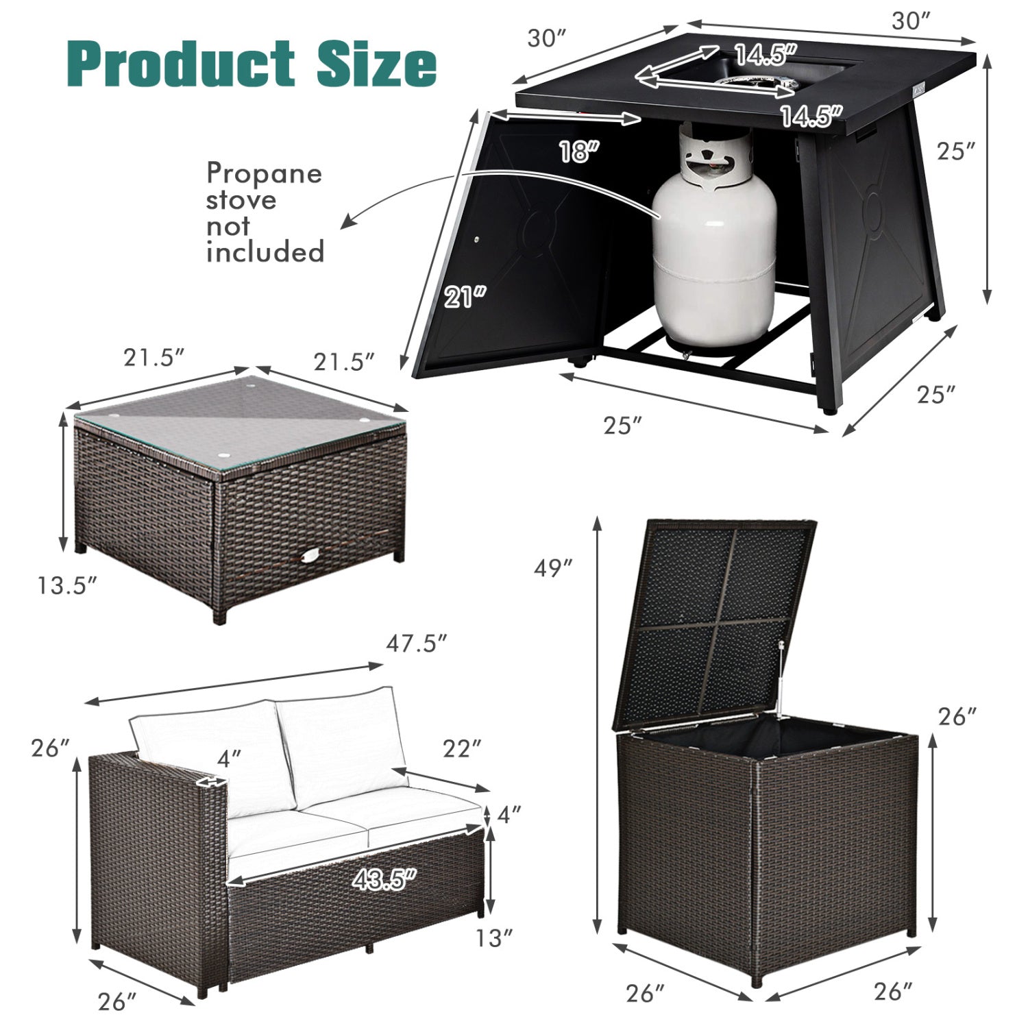 Costway 5-Pc Patio Furniture Set w/ 50000 BTU Propane Fire Pit Table 94620310 New