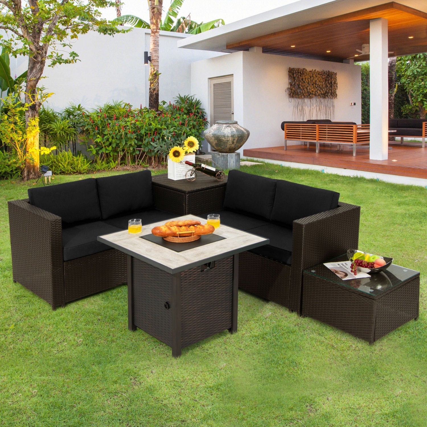 Costway 5-Piece Patio PE Wicker Sofa Set w/ 30" Gas Fire Pit Table 58783520 New