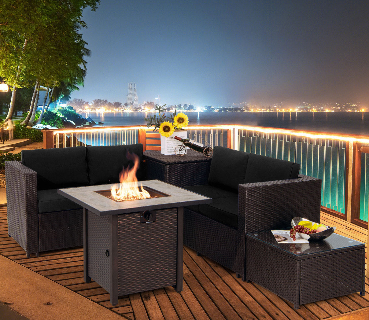 Costway 5-Piece Patio PE Wicker Sofa Set w/ 30" Gas Fire Pit Table 58783520 New