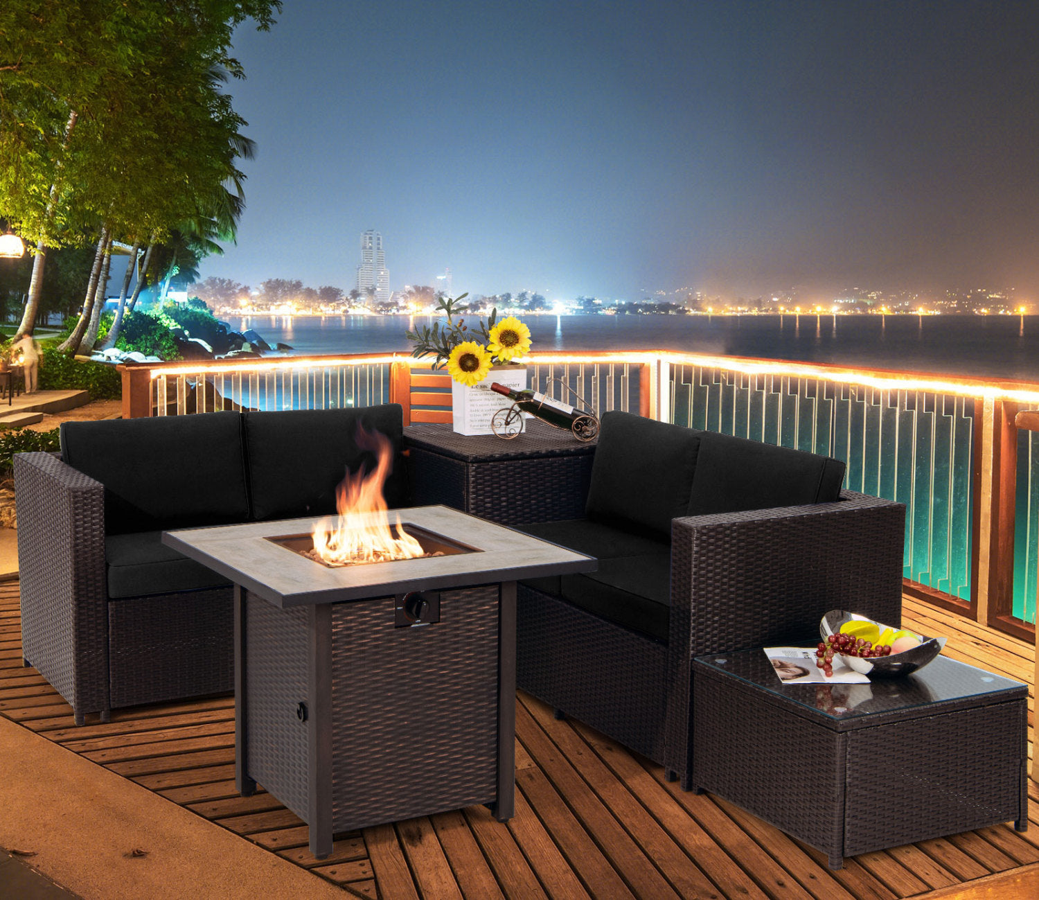 Costway 5-Piece Patio PE Wicker Sofa Set w/ 30" Gas Fire Pit Table 58783520 New