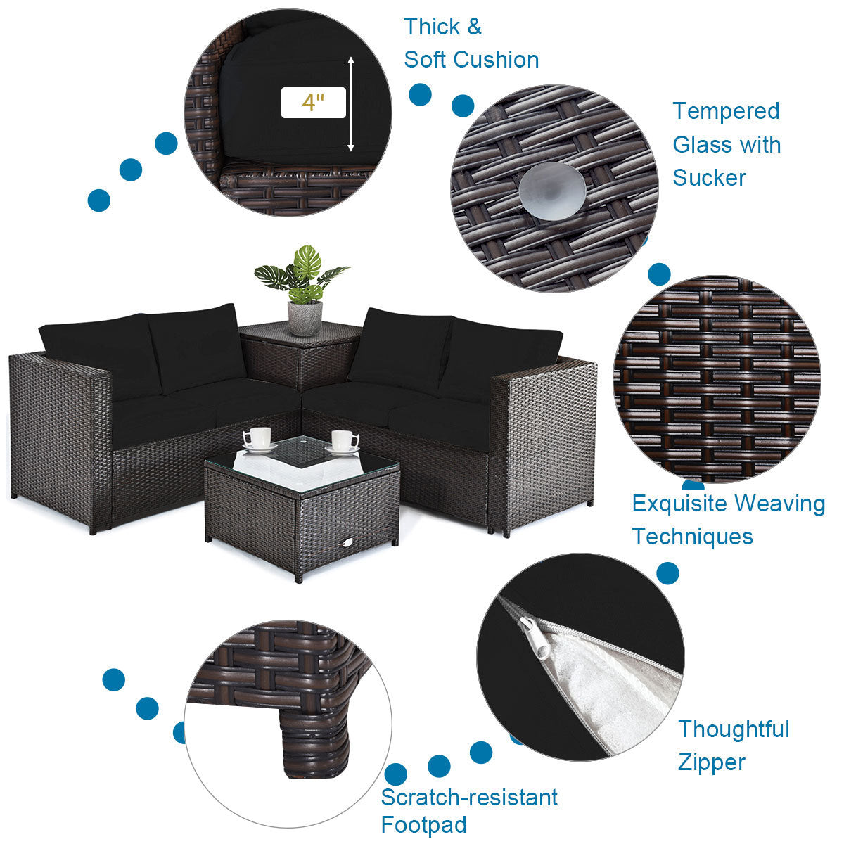Costway 5-Piece Patio PE Wicker Sofa Set w/ 30" Gas Fire Pit Table 58783520 New