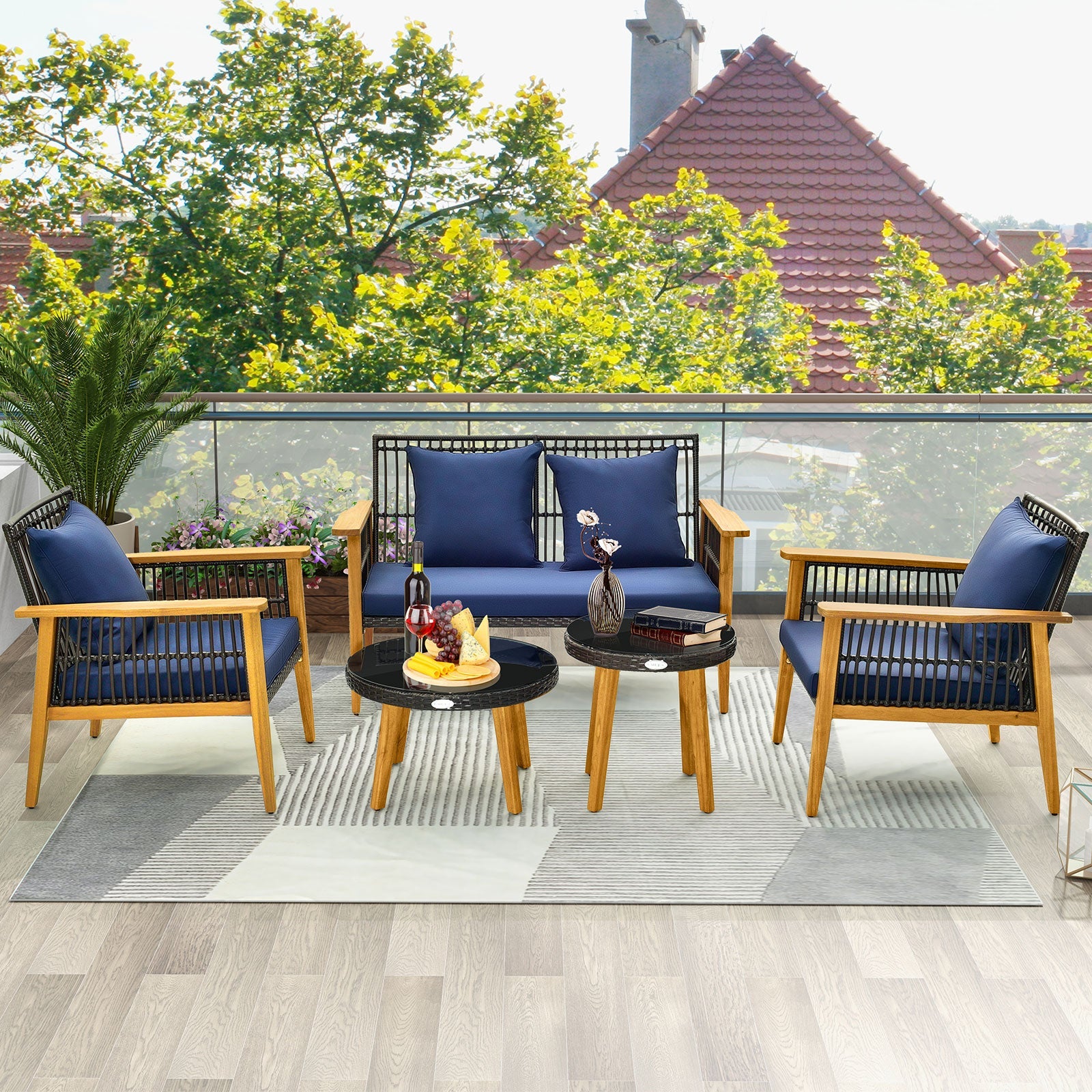Costway 5-Piece Outdoor Patio Conversation Set w/ 2 Coffee Tables Navy 38167549 New