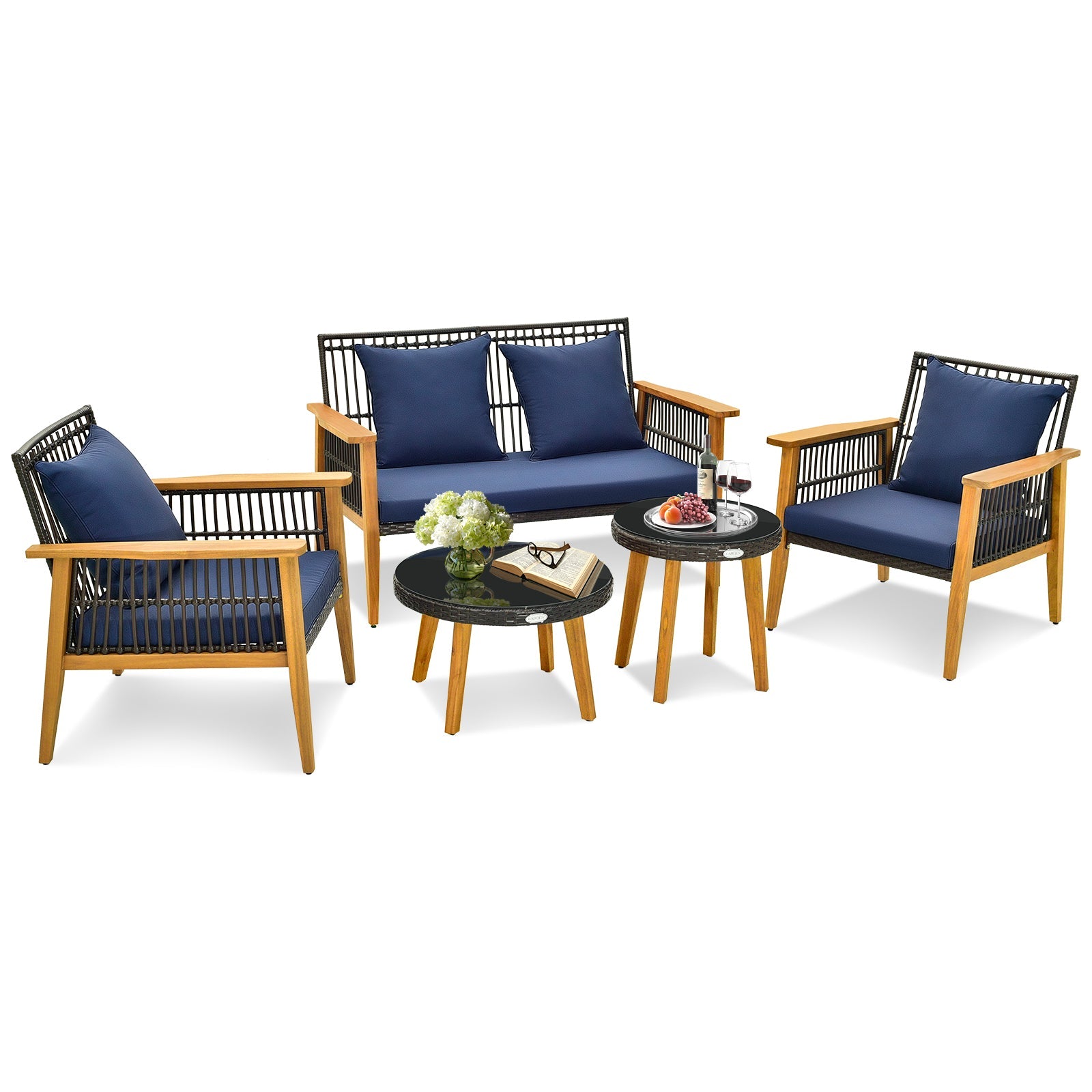 Costway 5-Piece Outdoor Patio Conversation Set w/ 2 Coffee Tables Navy 38167549 New