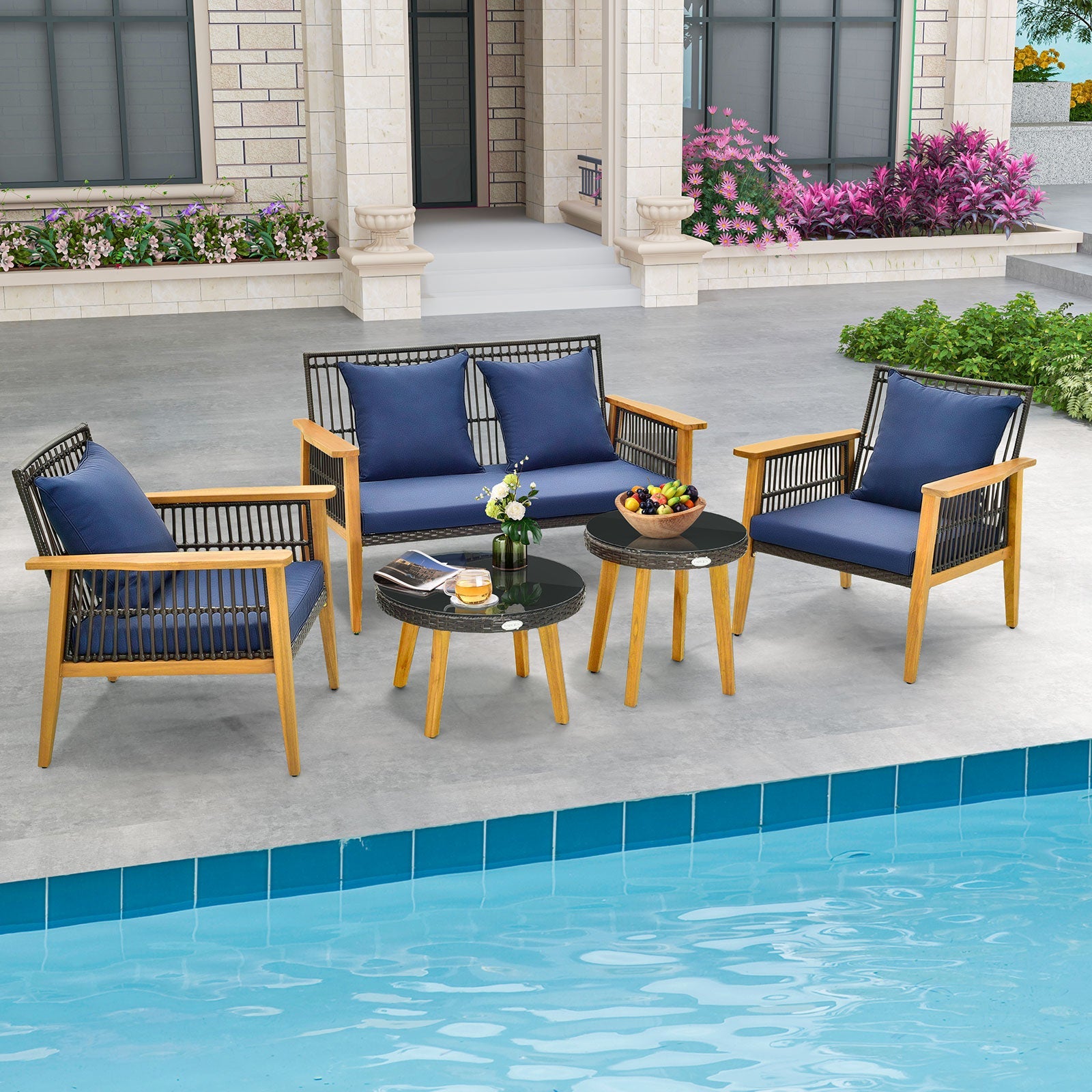 Costway 5-Piece Outdoor Patio Conversation Set w/ 2 Coffee Tables Navy 38167549 New
