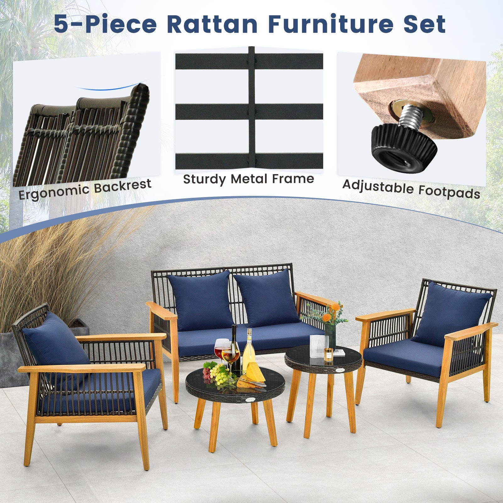 Costway 5-Piece Outdoor Patio Conversation Set w/ 2 Coffee Tables Navy 38167549 New