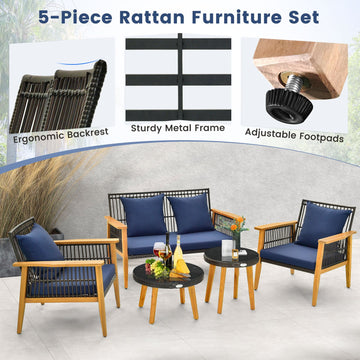Costway 5-Piece Outdoor Patio Conversation Set w/ 2 Coffee Tables Navy 38167549 New