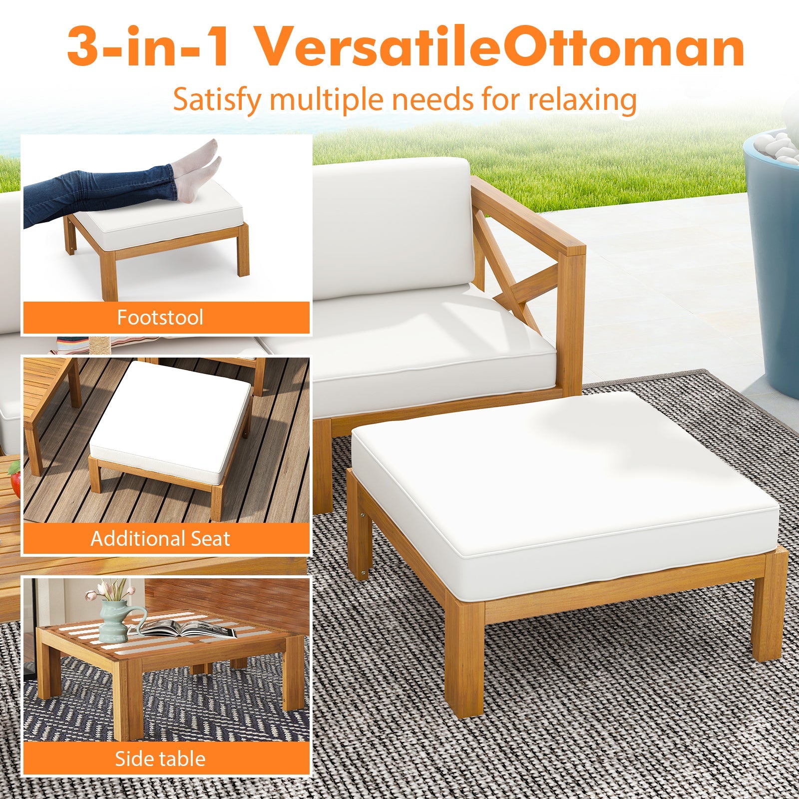 Costway 5-Piece Outdoor Conversation Furniture Set 3 Chairs Ottoman Coffee Table White 23895761 New