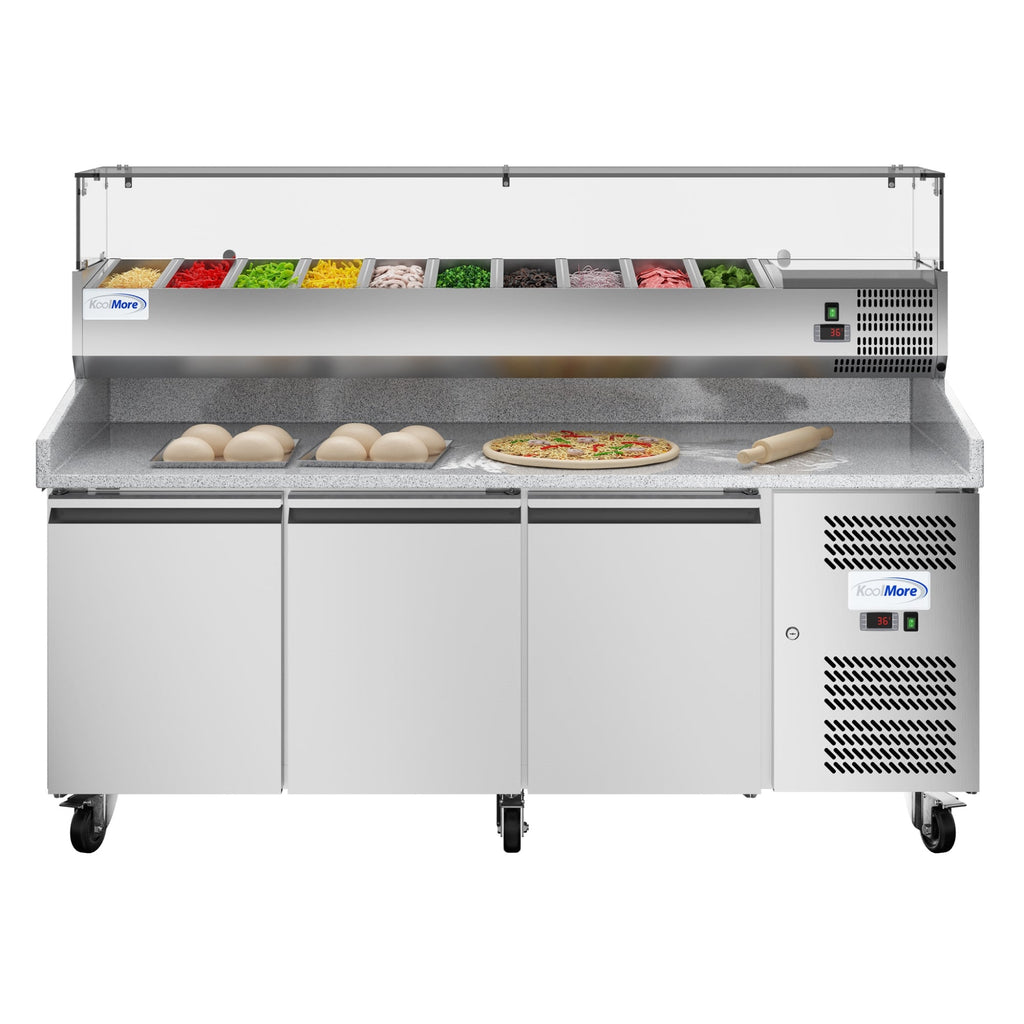 79 in. Three-Door Commercial Refrigerated Granite Top Pizza Prep Station With a Refrigerated Stainless-Steel Condiment Pan Holder